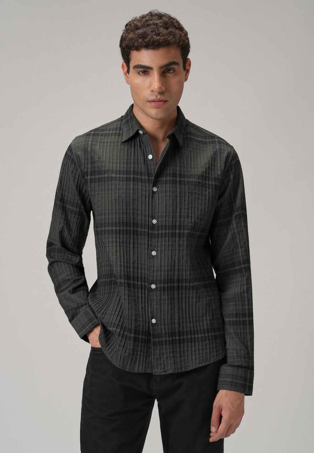 Self Pleat Grey Check Shirt