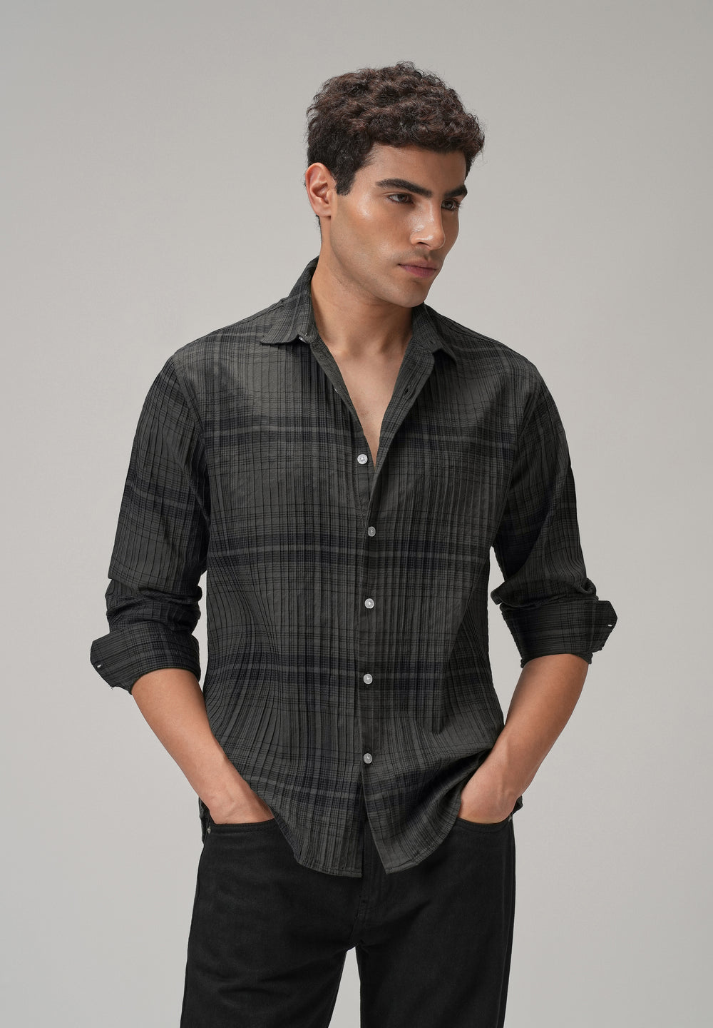 Self Pleat Grey Check Shirt