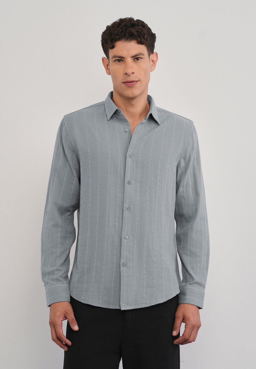 Grey Self Striped Cotton Shirt