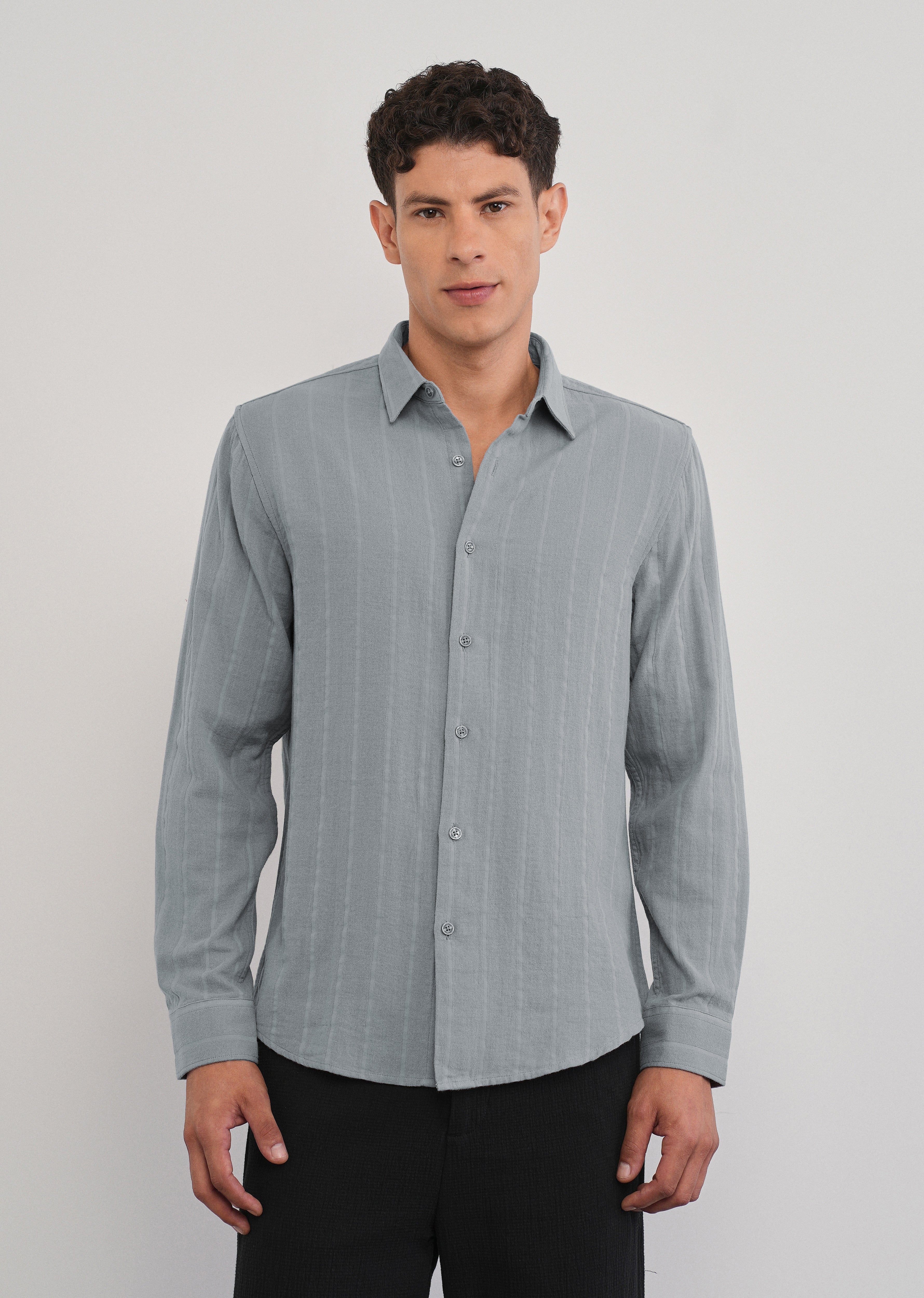 Grey Self Striped Cotton Shirt