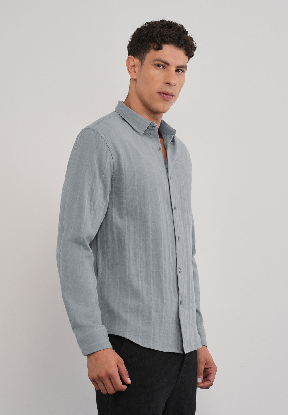 Grey Self Striped Cotton Shirt