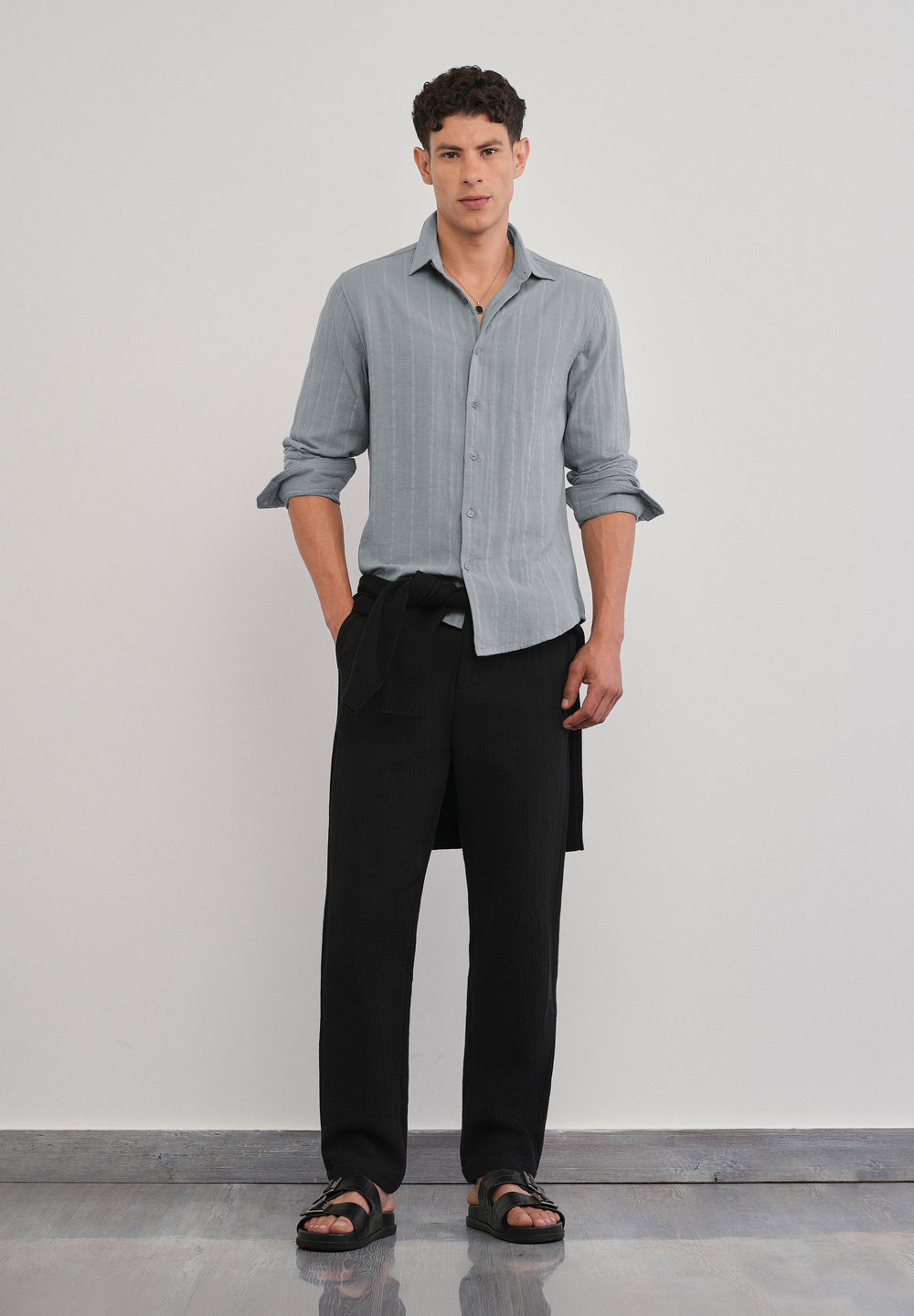 Grey Self Striped Cotton Shirt