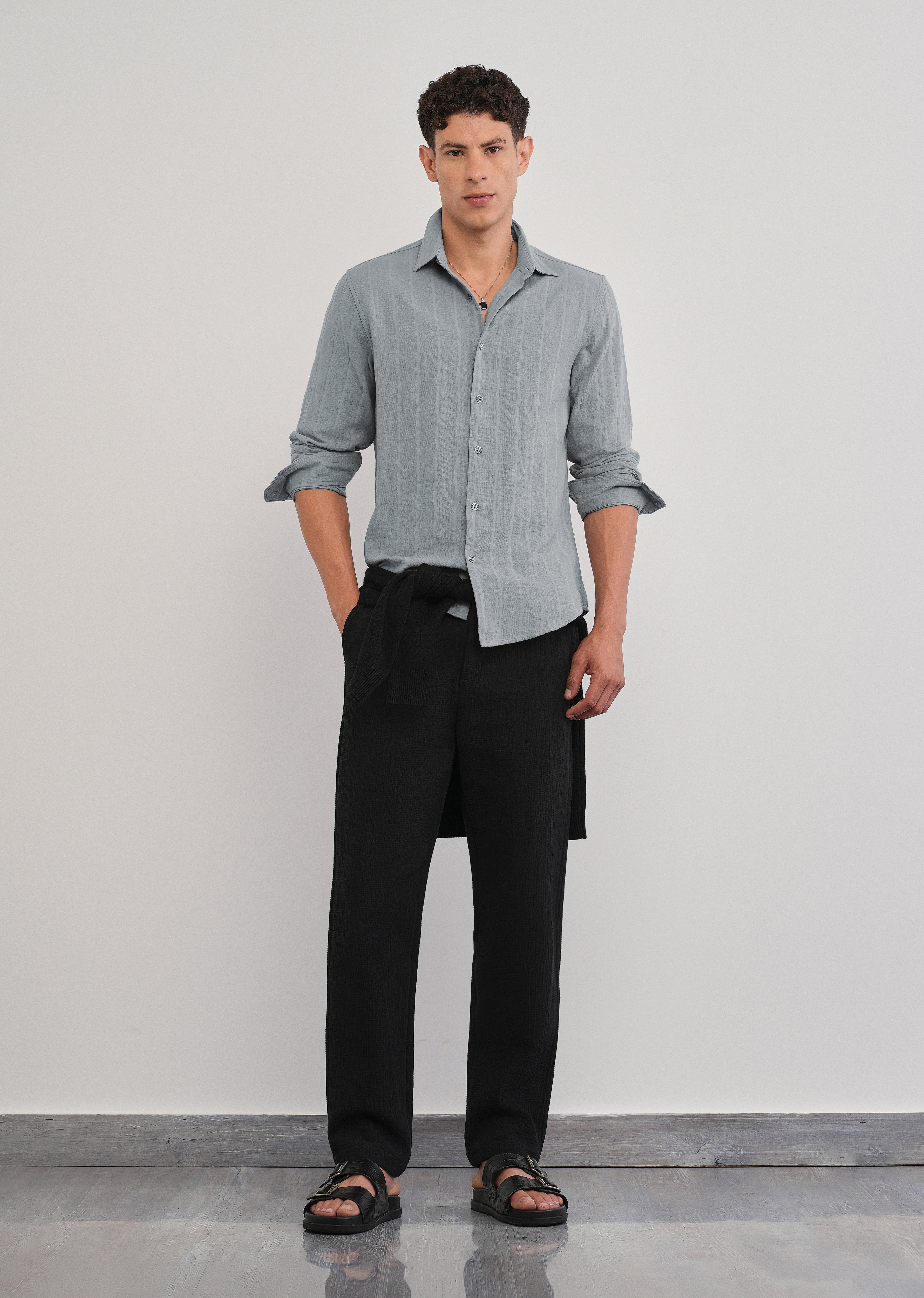 Grey Self Striped Cotton Shirt