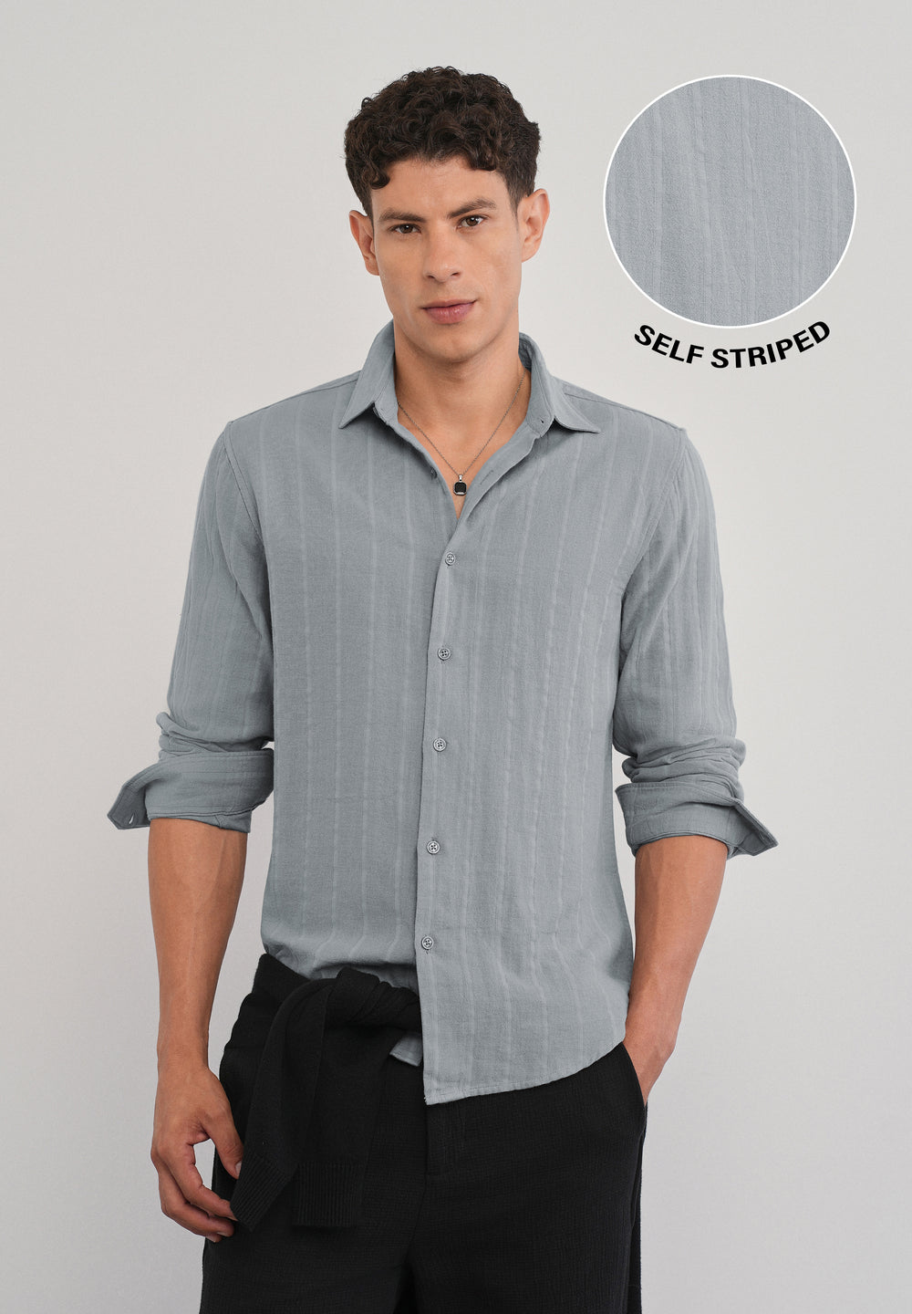 Grey Self Striped Cotton Shirt