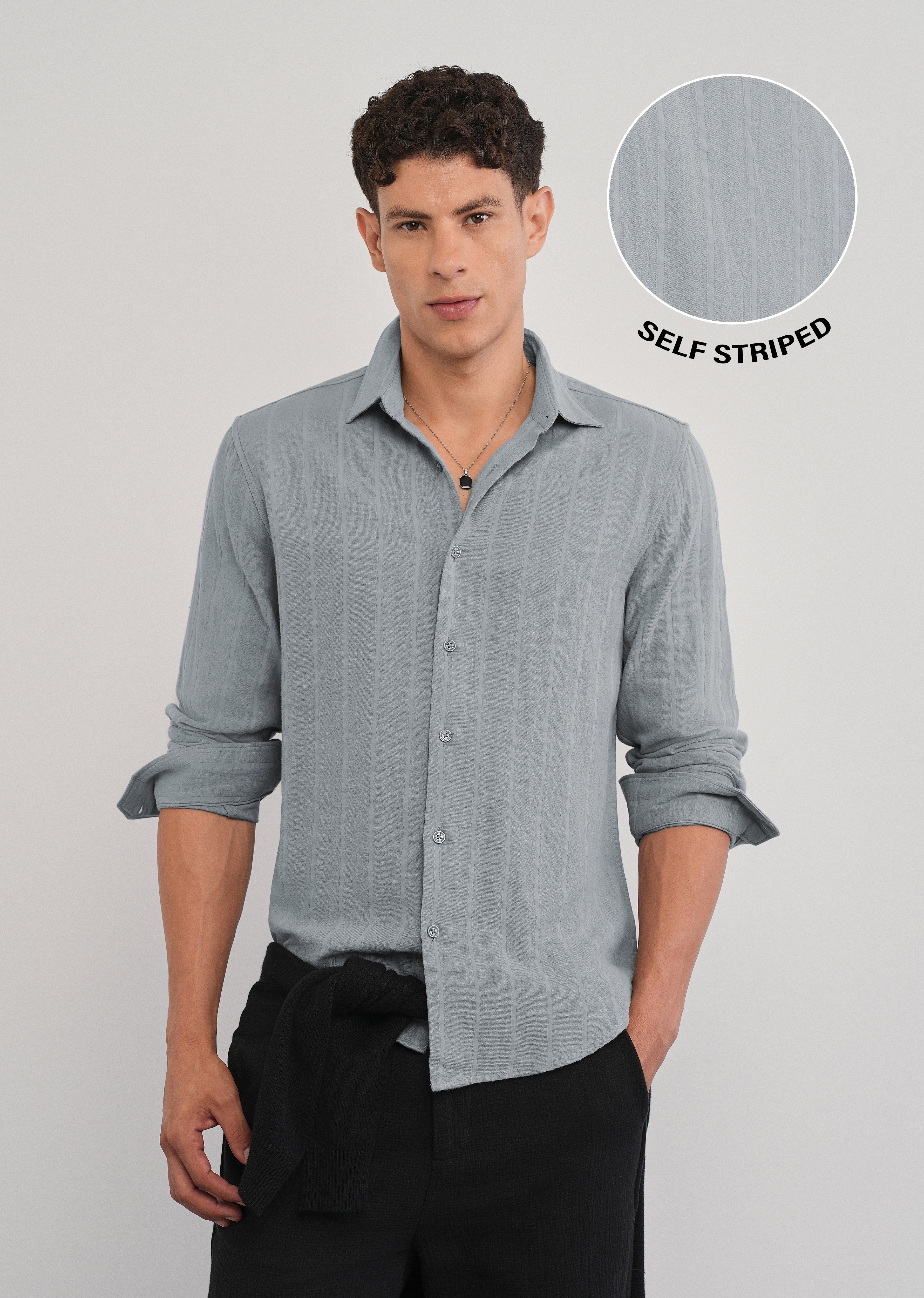 Grey Self Striped Cotton Shirt