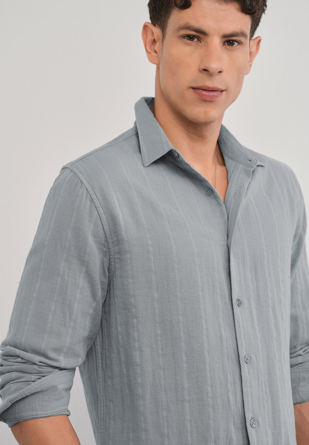 Grey Self Striped Cotton Shirt