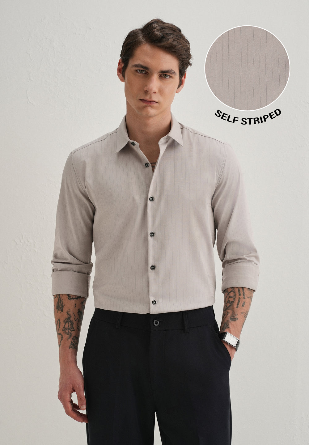 Grey Self Striped Plain Shirt