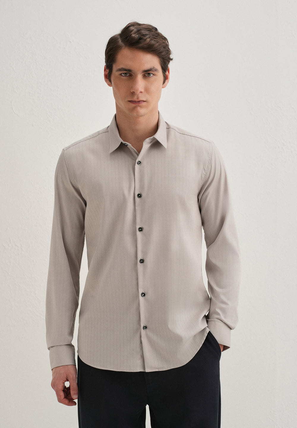 Grey Self Striped Plain Shirt