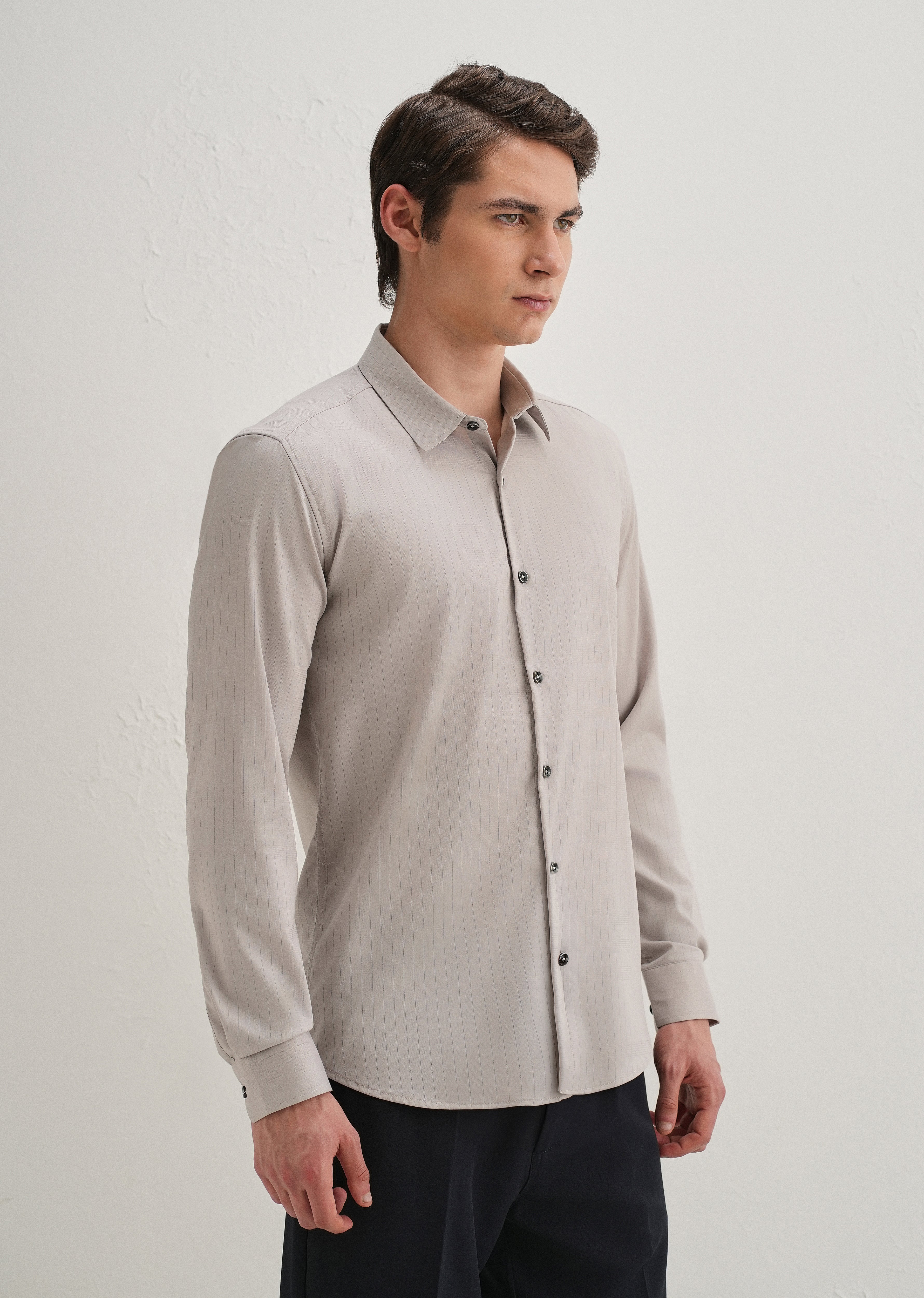 Grey Self Striped Plain Shirt
