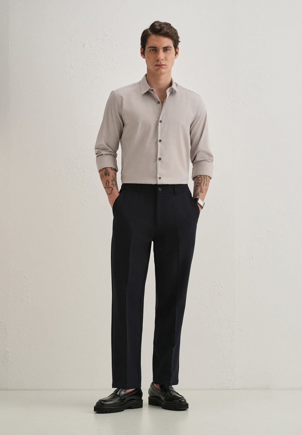 Grey Self Striped Plain Shirt