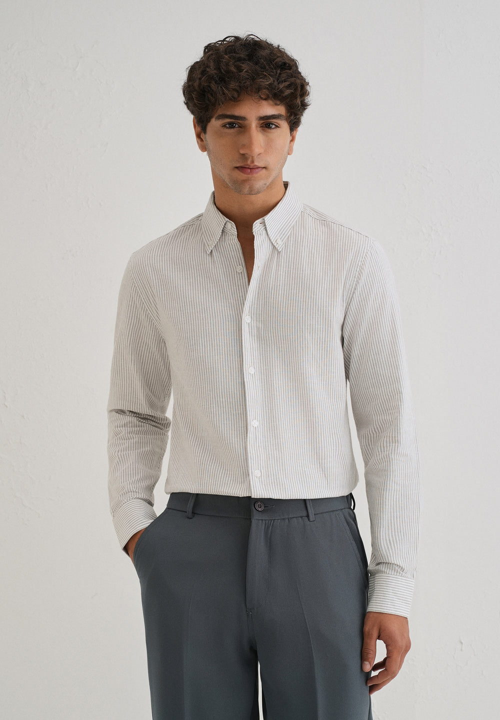 Grey Striped Cotton Linen Shirt