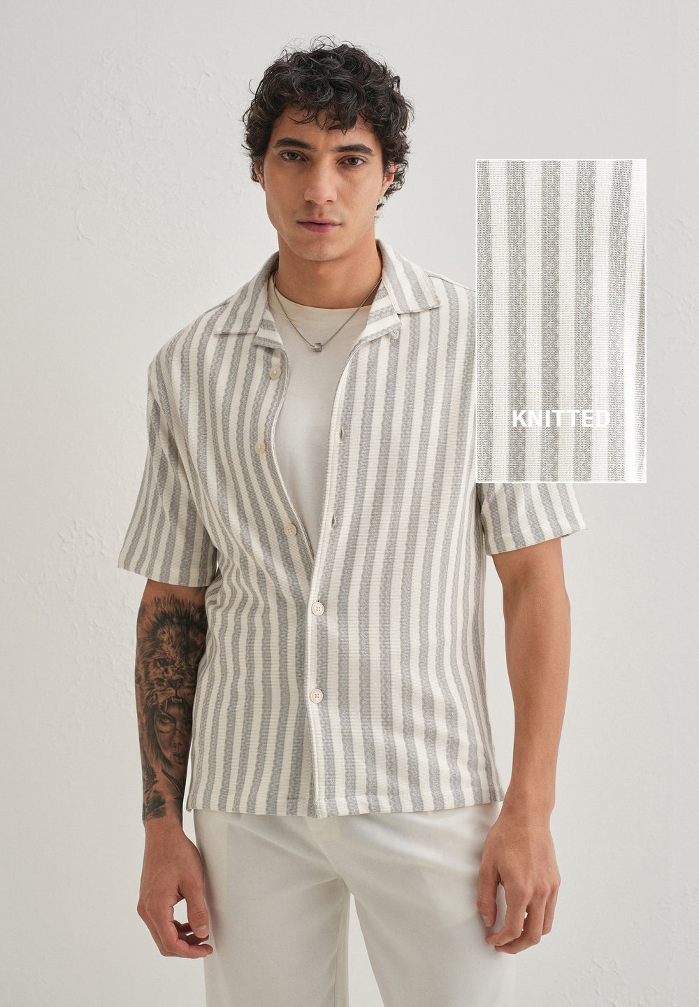 Grey Striped Knit Cuban Collar Shirt