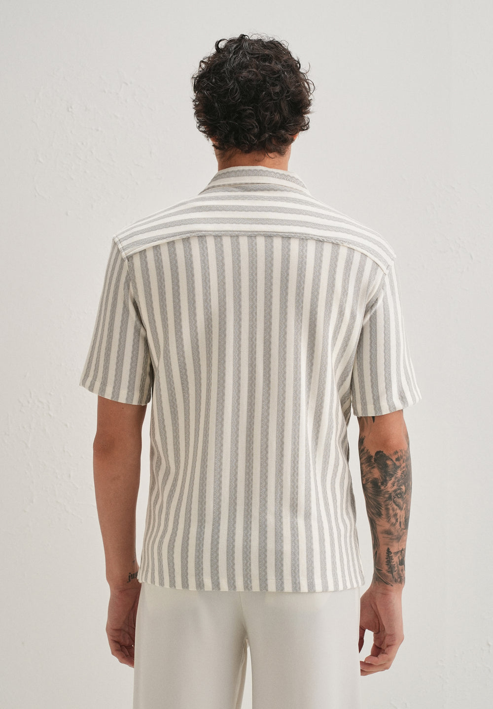 Grey Striped Knit Cuban Collar Shirt