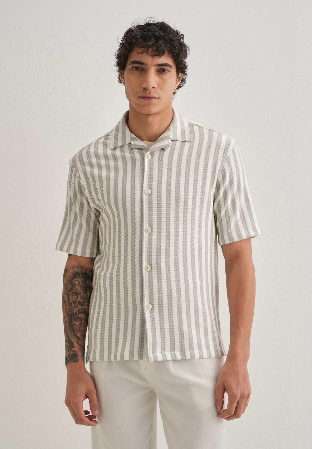 Grey Striped Knit Cuban Collar Shirt