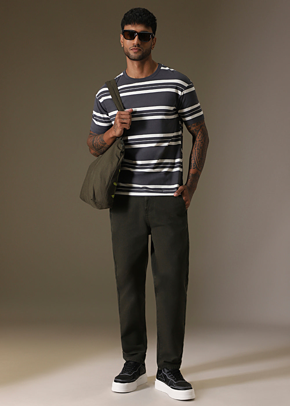 Grey Striped Regular T-shirt