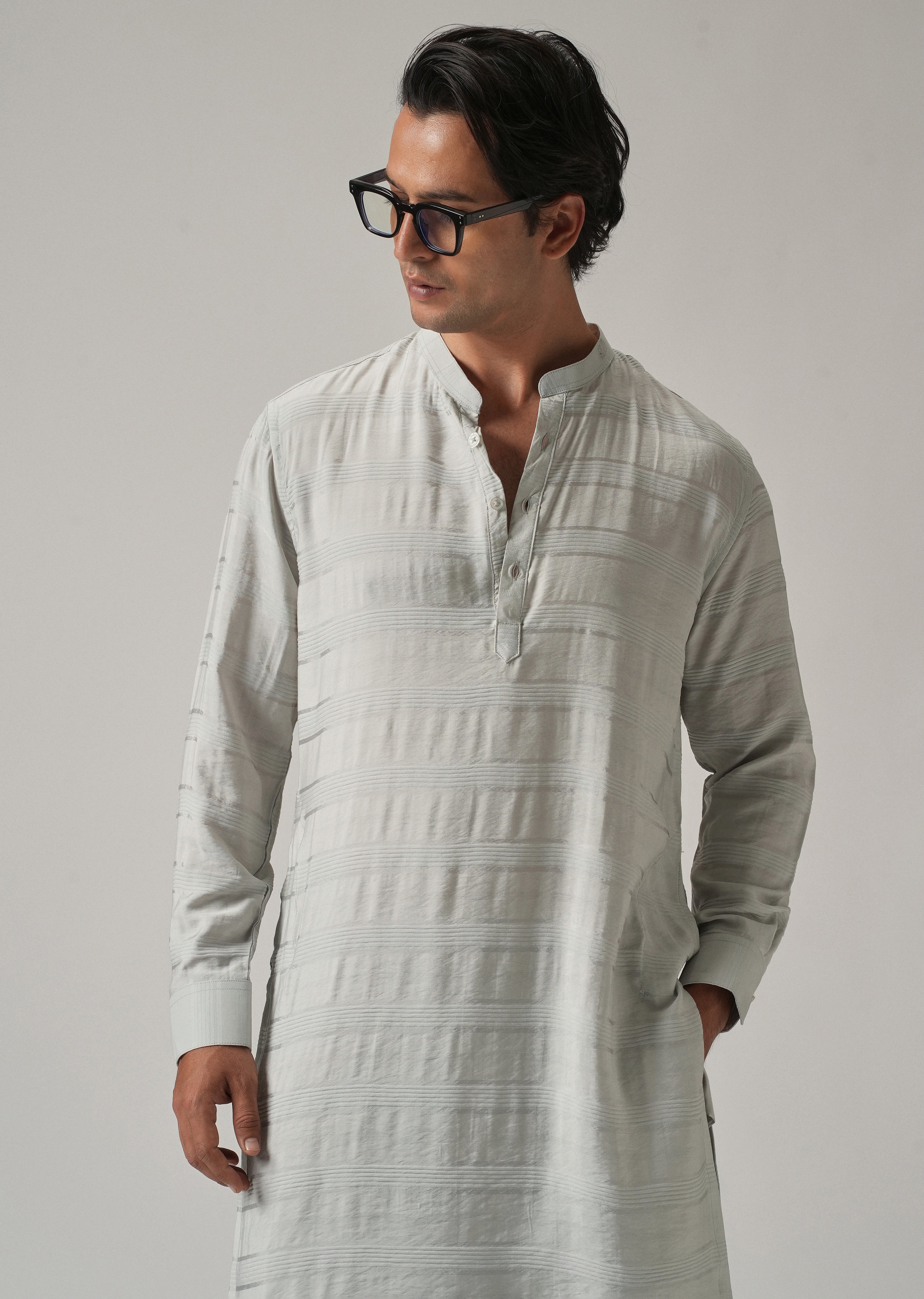 Light Grey Nylon Subtle Stripe Kurta