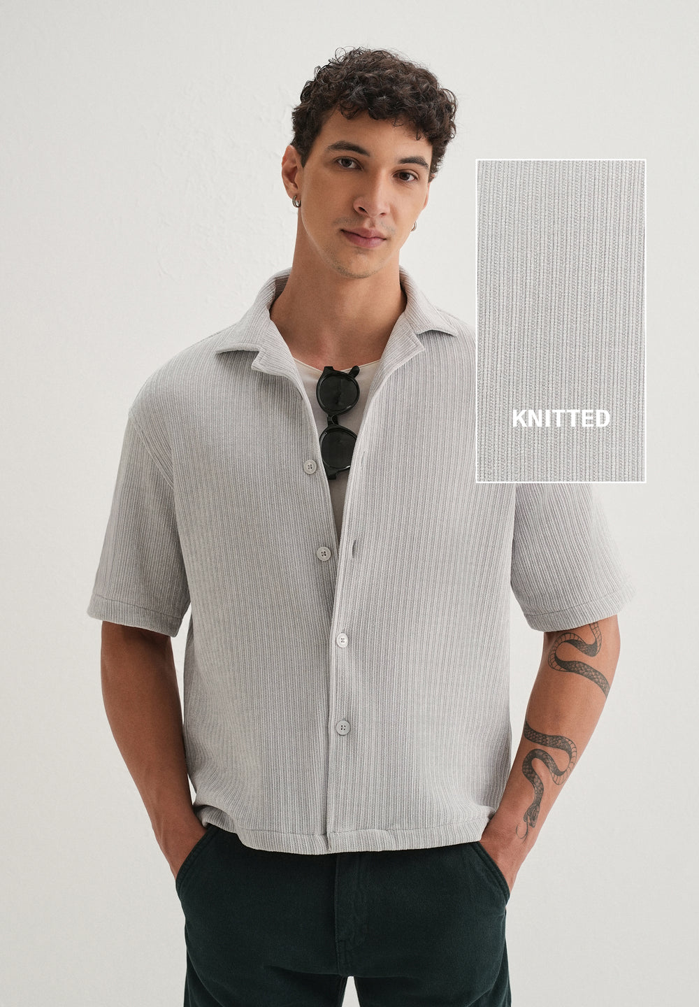 Grey Suede Knit Half Sleeve Shirt
