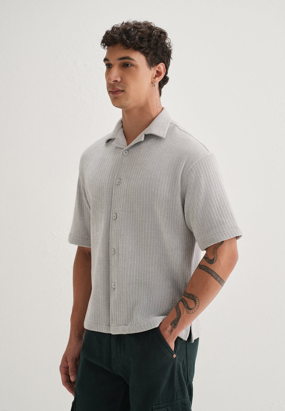 Grey Suede Knit Half Sleeve Shirt