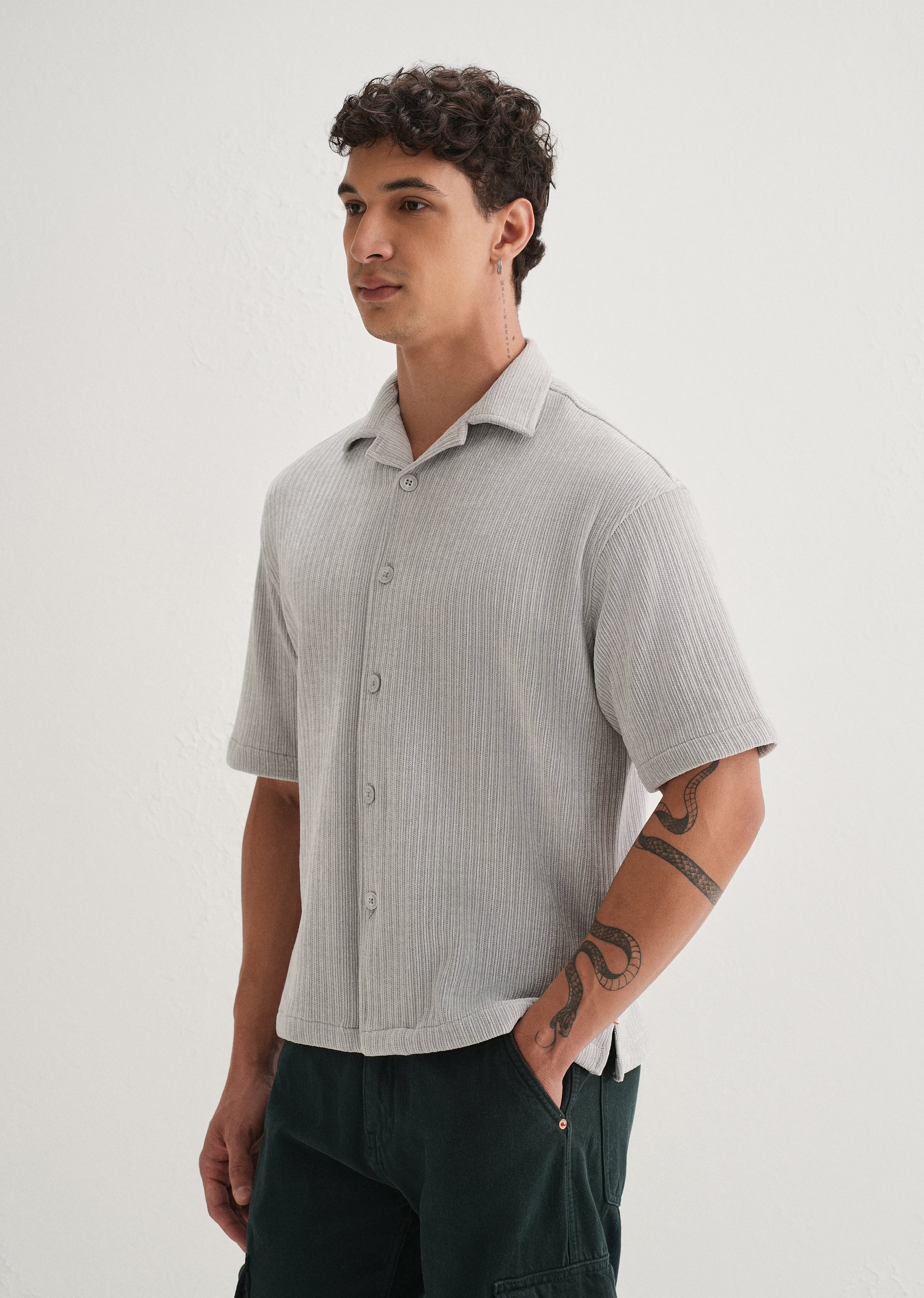 Grey Suede Knit Half Sleeve Shirt