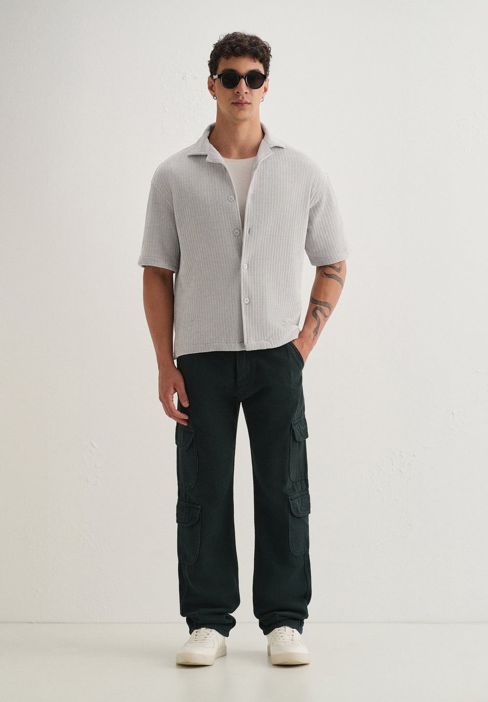 Grey Suede Knit Half Sleeve Shirt