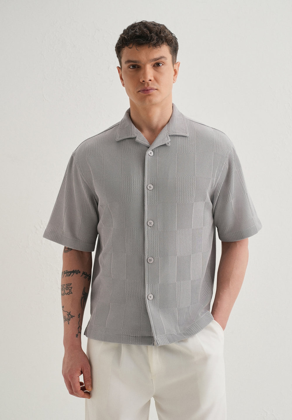 Grey Textured Check Knit Shirt