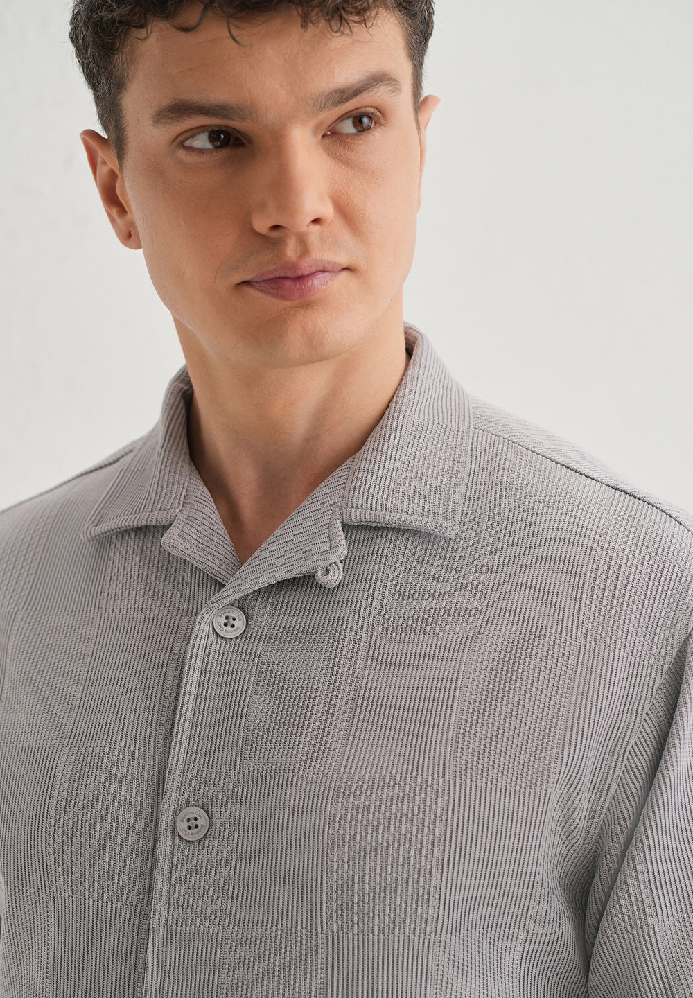 Grey Textured Check Knit Shirt