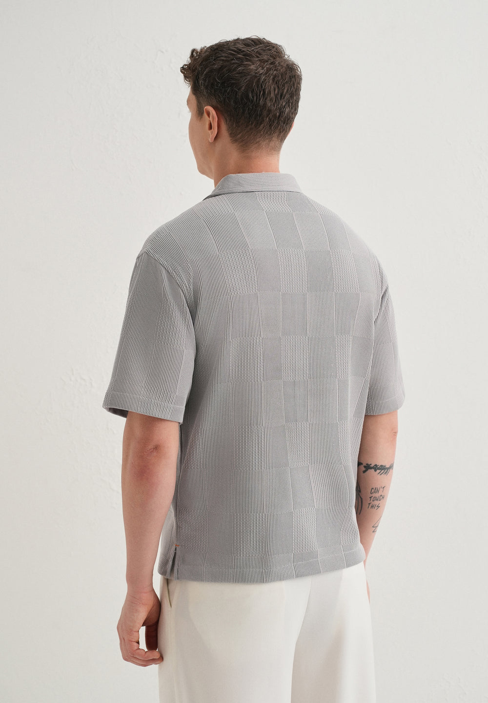 Grey Textured Check Knit Shirt