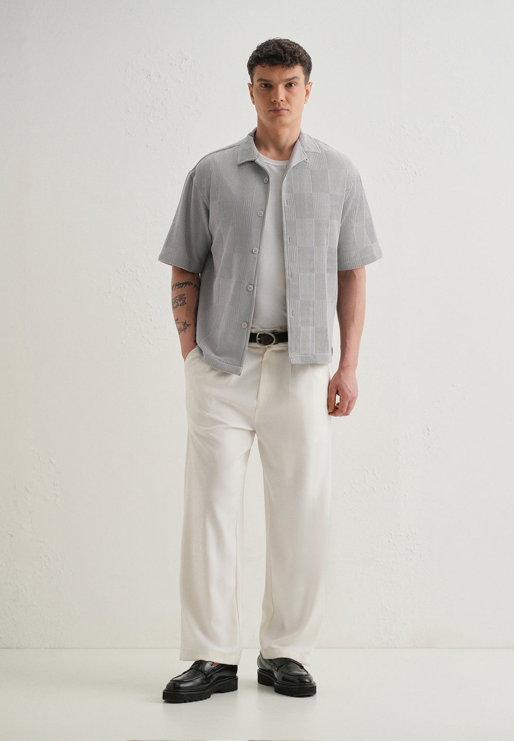 Grey Textured Check Knit Shirt