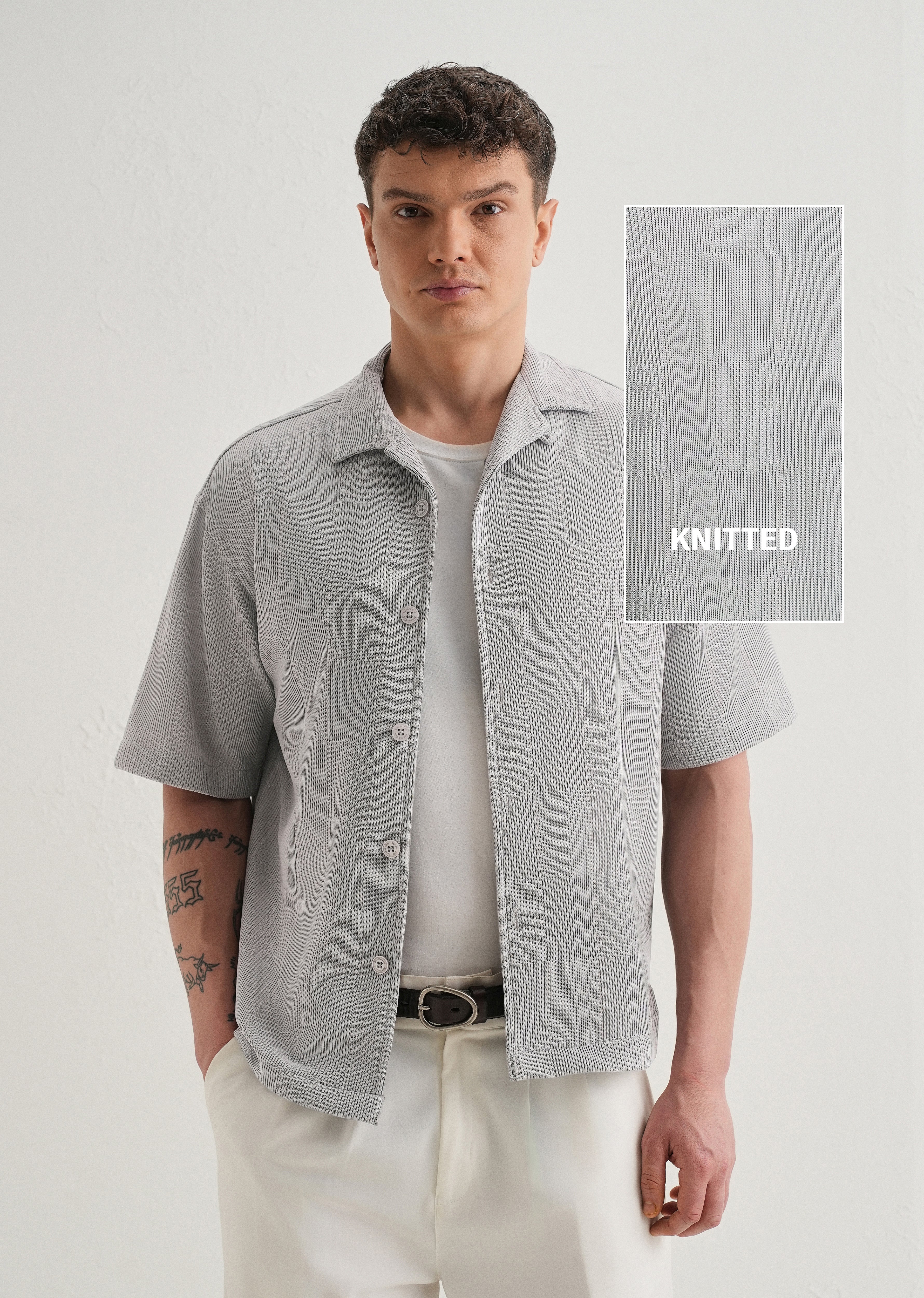 Grey Textured Check Knit Shirt