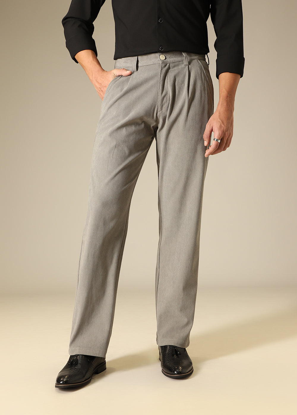 Grey Textured Corduroy Pant