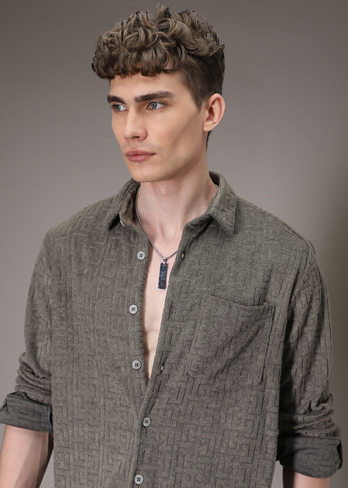 Grey Jacquard Towelling Camp Shirt