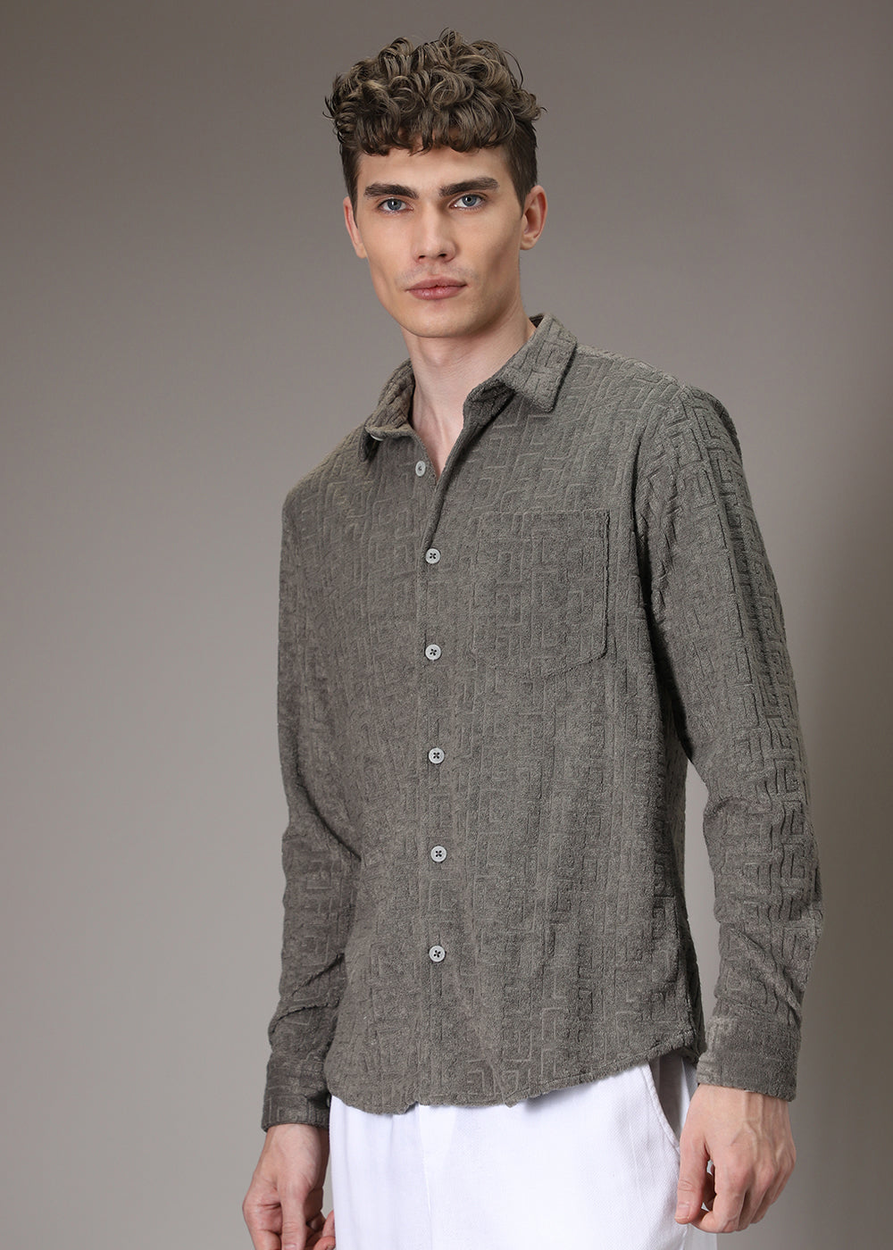 Grey Jacquard Towelling Camp Shirt