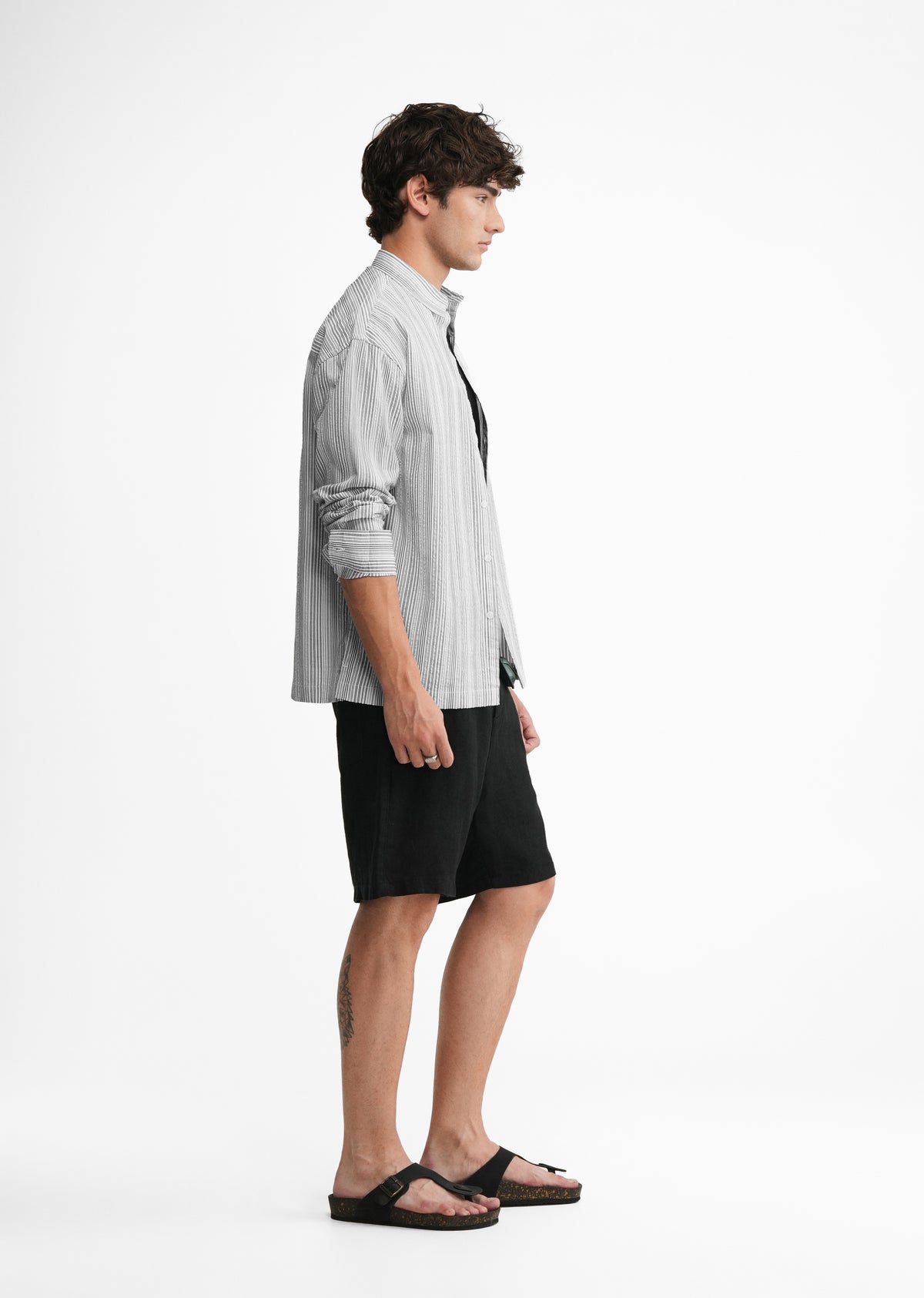 Grey Textured Striped Boxy Shirt