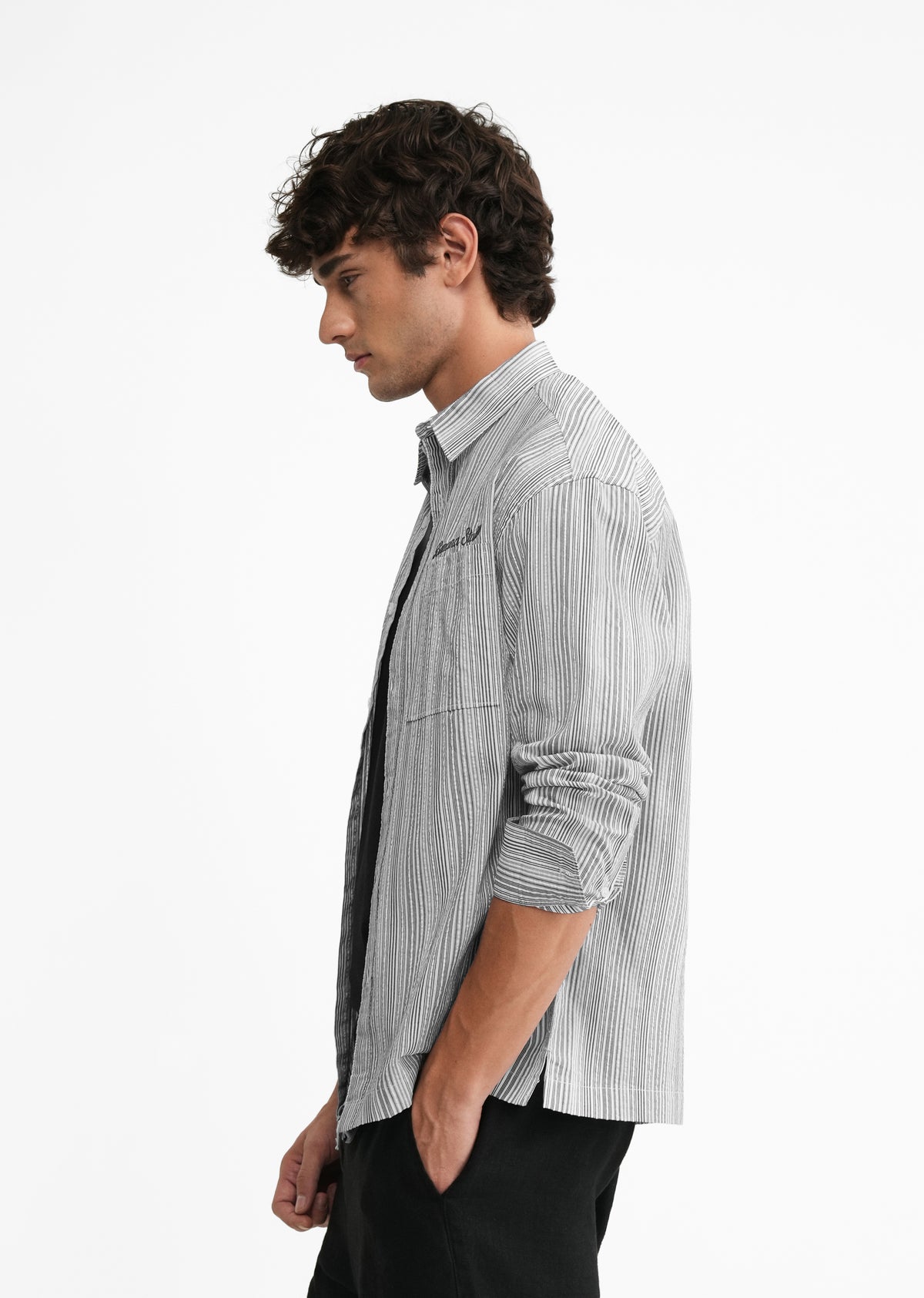 Grey Textured Striped Boxy Shirt