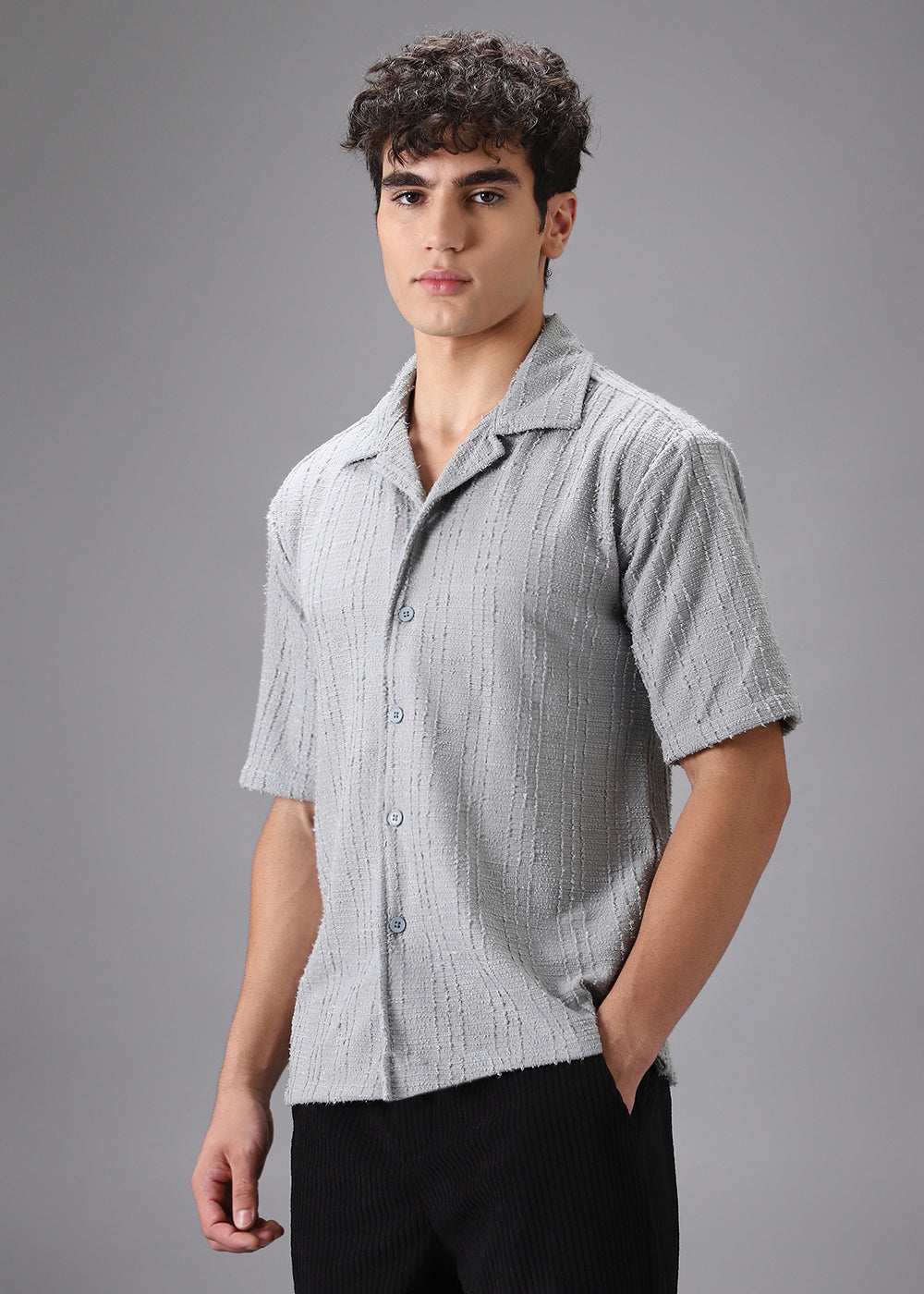 Grey Cuban Collar Knitted Shirt