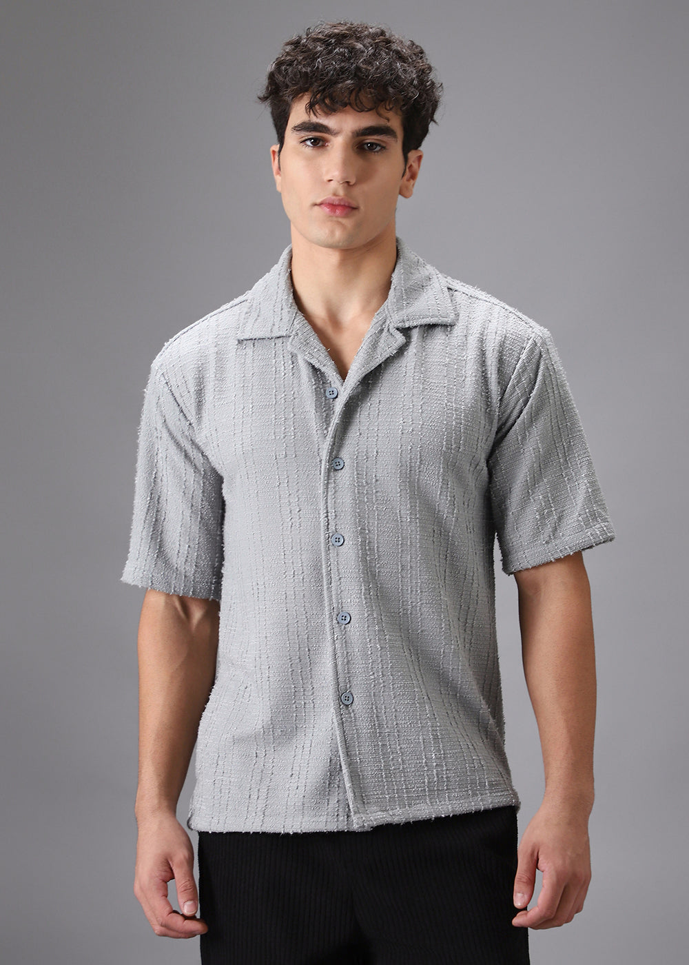Grey Cuban Collar Knitted Shirt