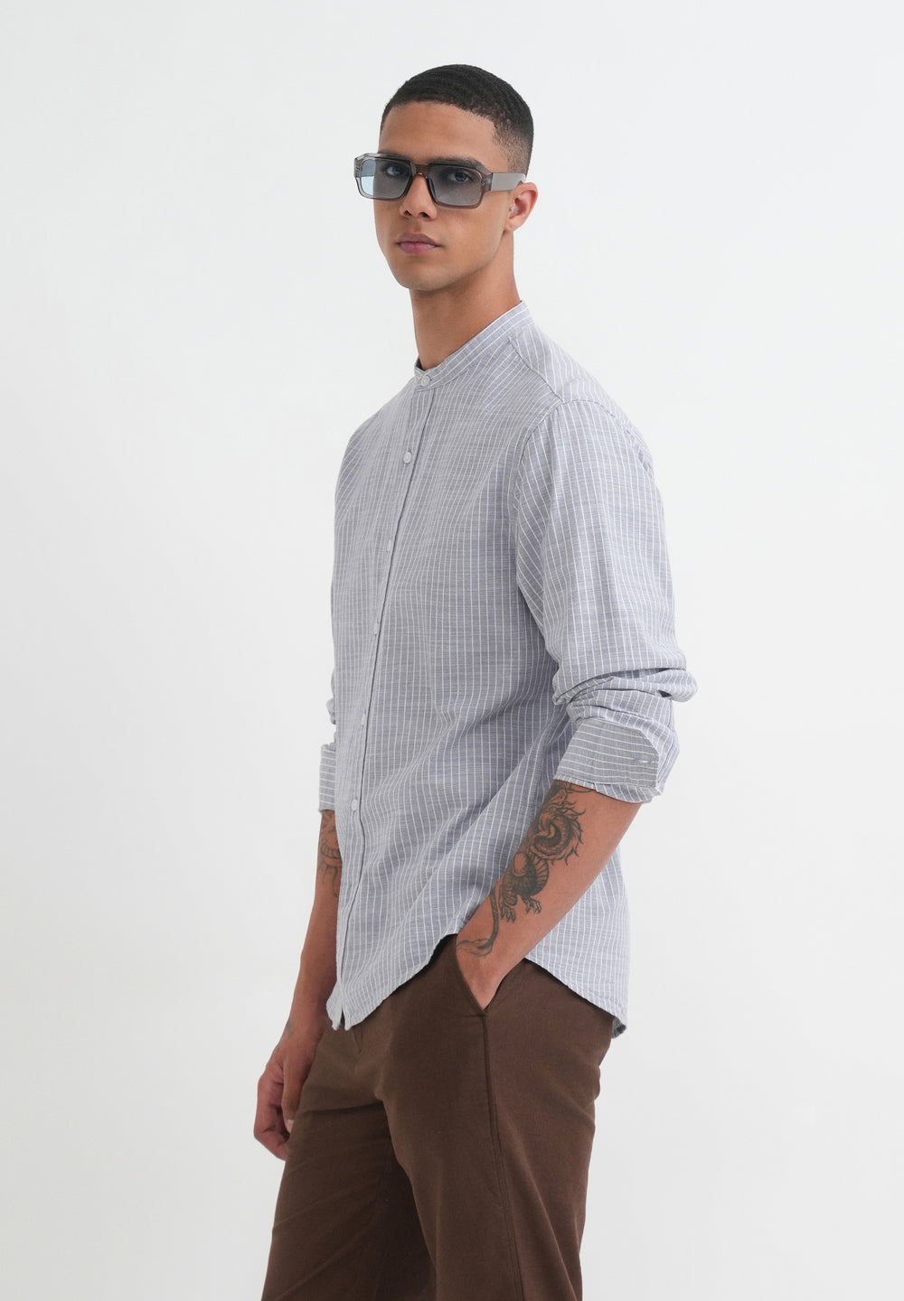 Grey Vertical Striped Cotton Shirt
