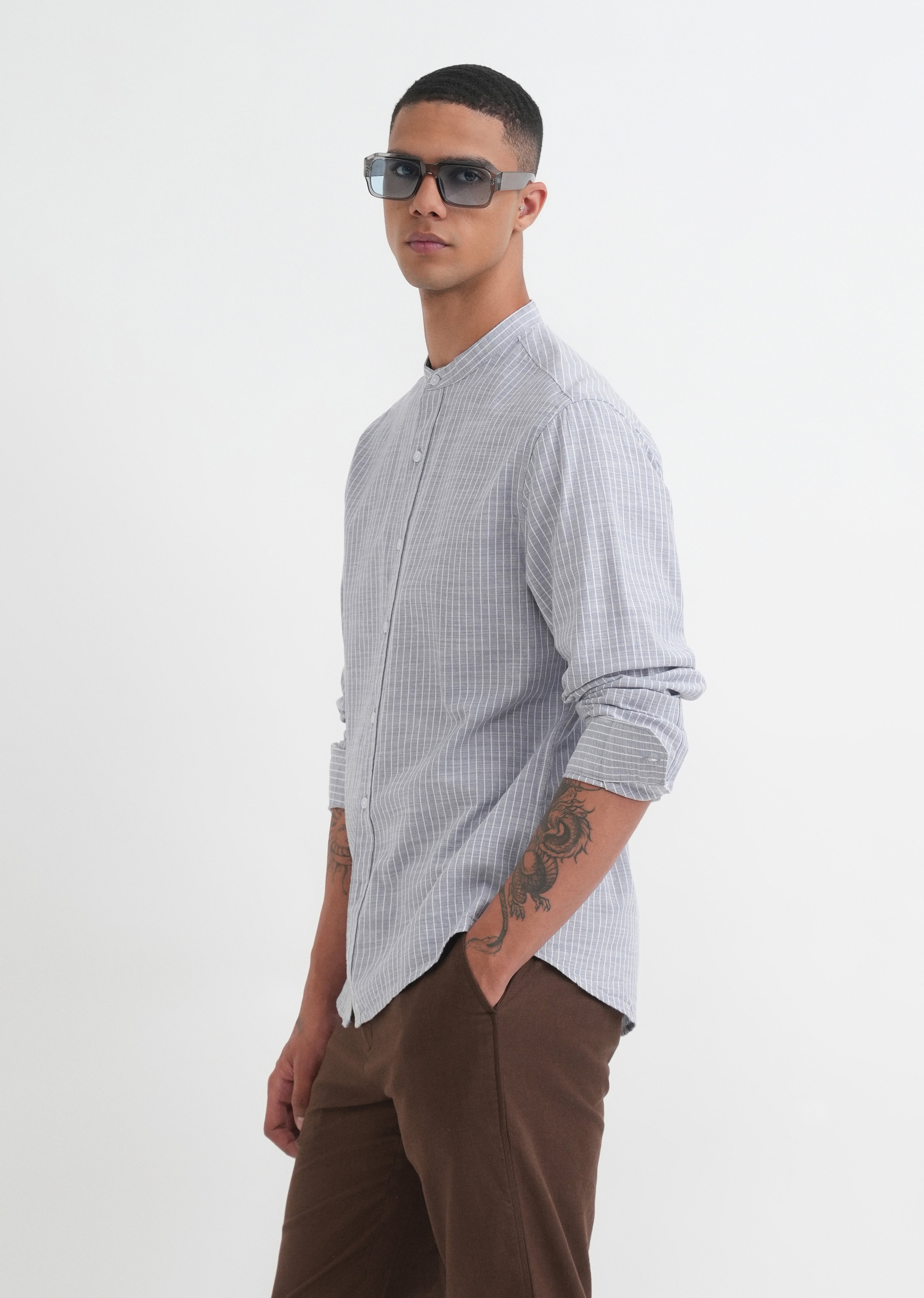 Grey Vertical Striped Cotton Shirt