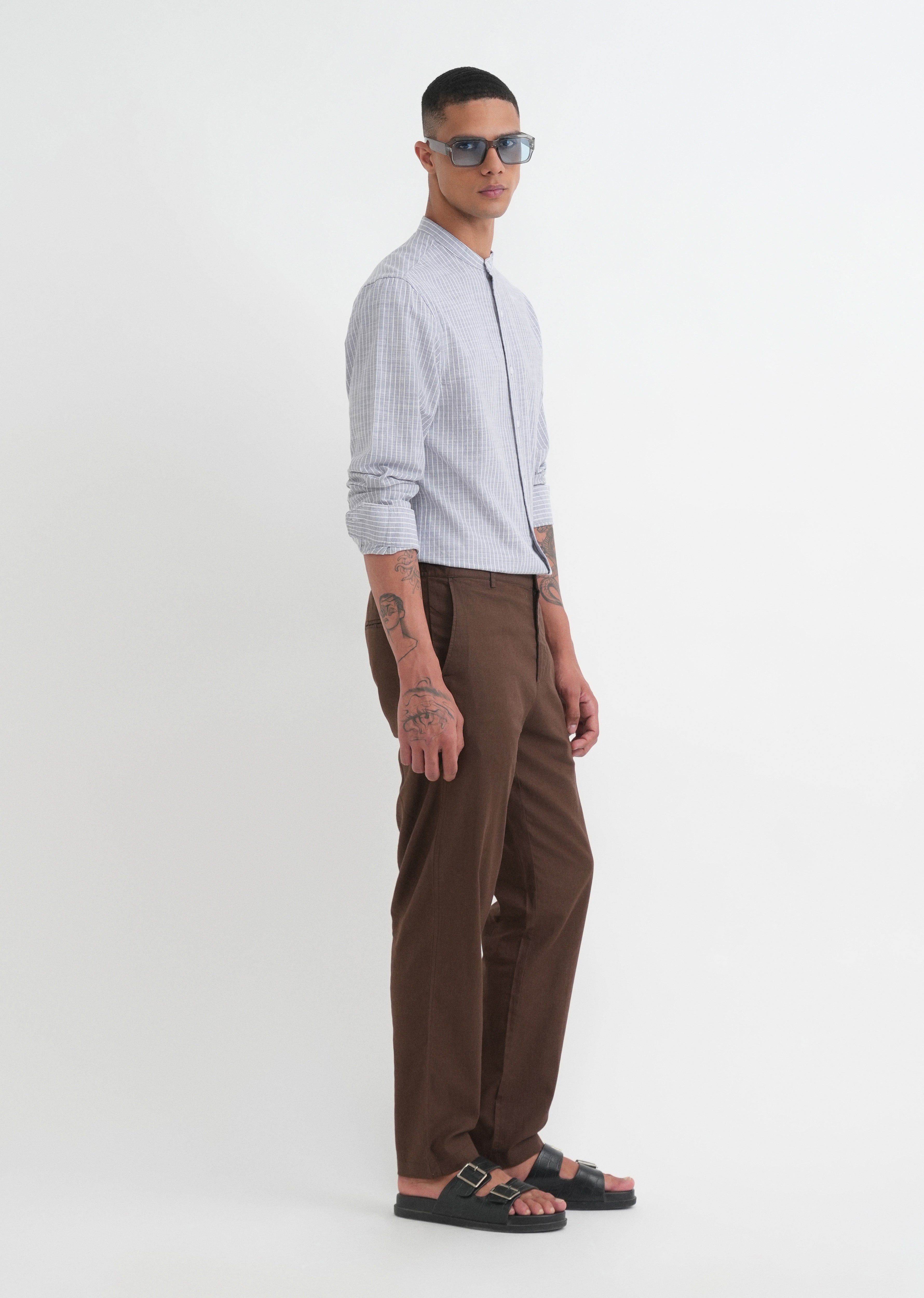Grey Vertical Striped Cotton Shirt