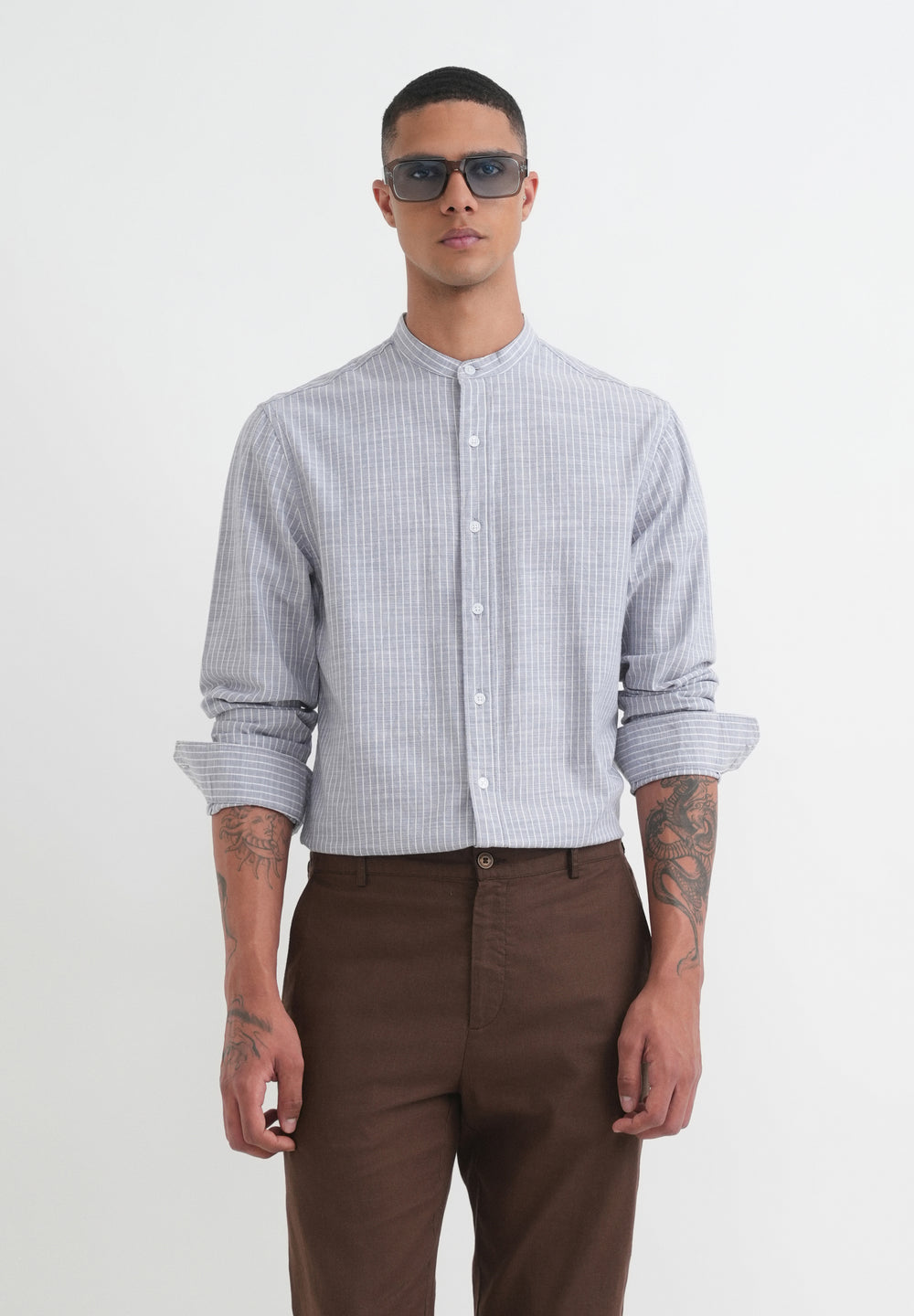 Grey Vertical Striped Cotton Shirt