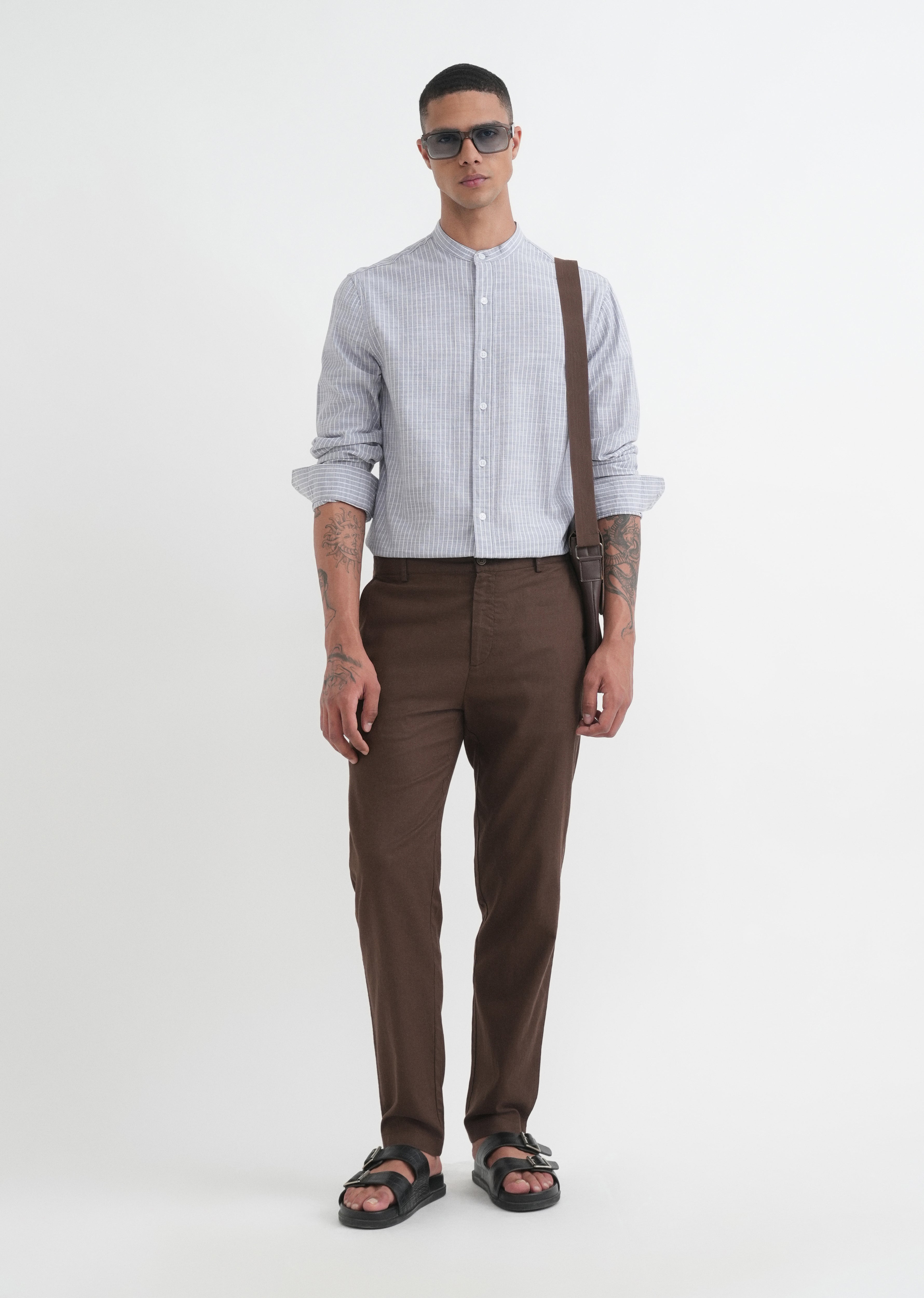 Grey Vertical Striped Cotton Shirt