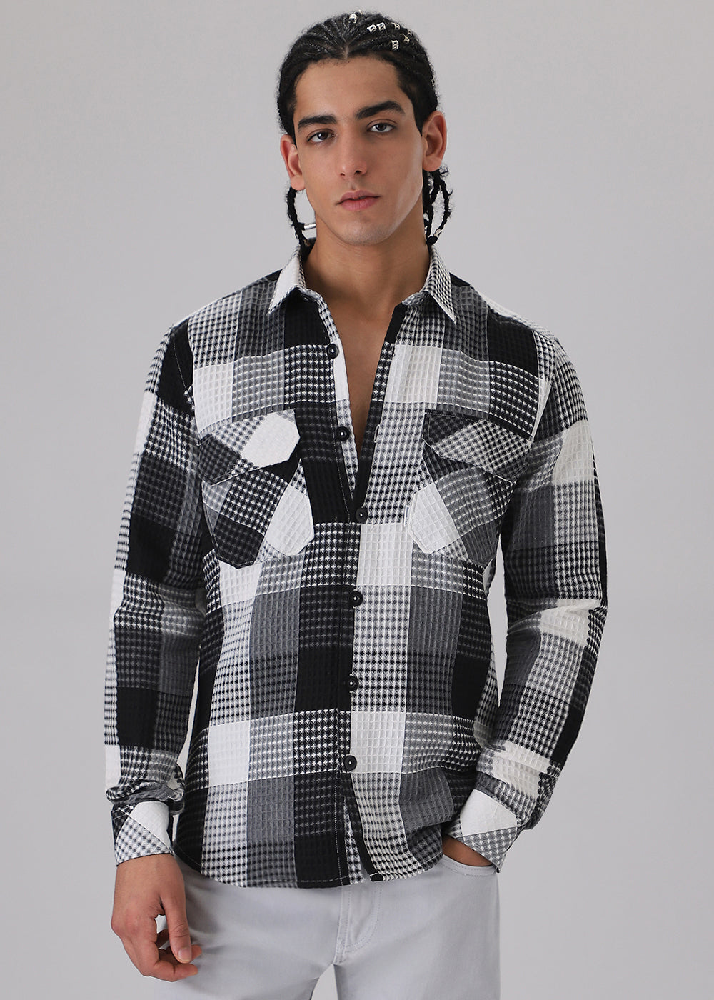 Grey Waffle Plaid Check Shirt