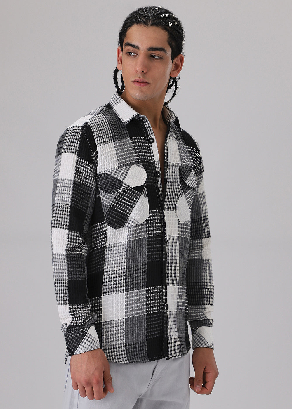 Grey Waffle Plaid Check Shirt