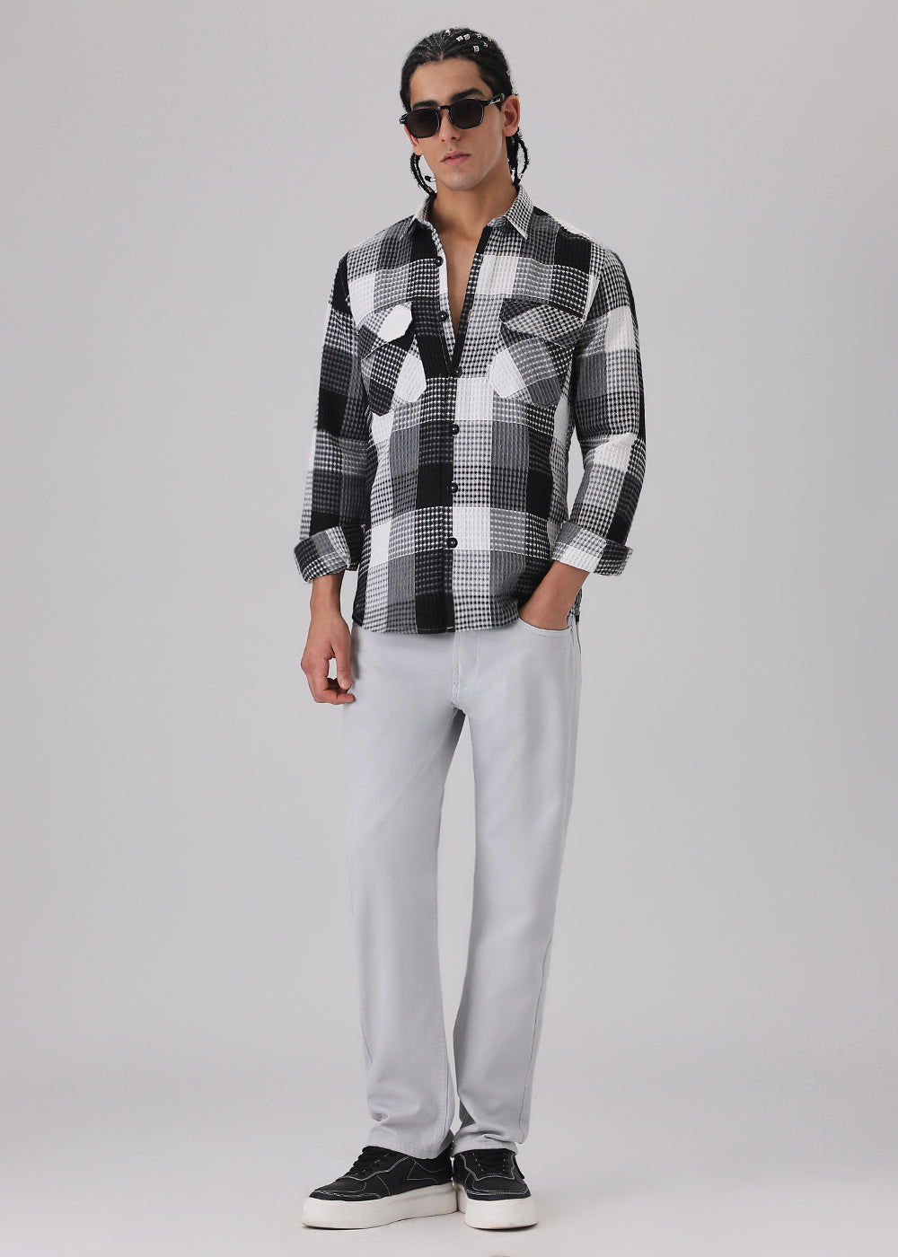 Grey Waffle Plaid Check Shirt