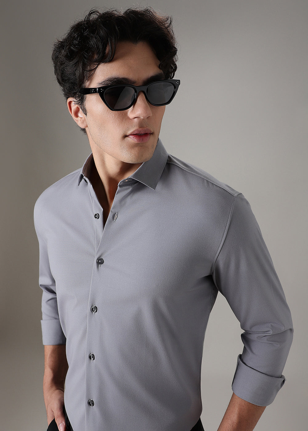 Grey Plain Wrinkle Free Shirt