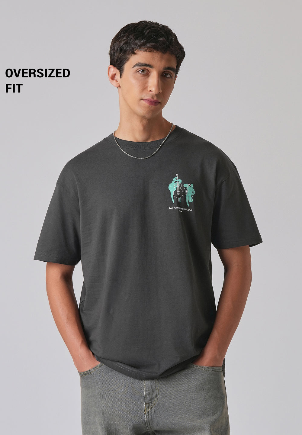 Grey Back Graphic Printed Oversized T-shirt