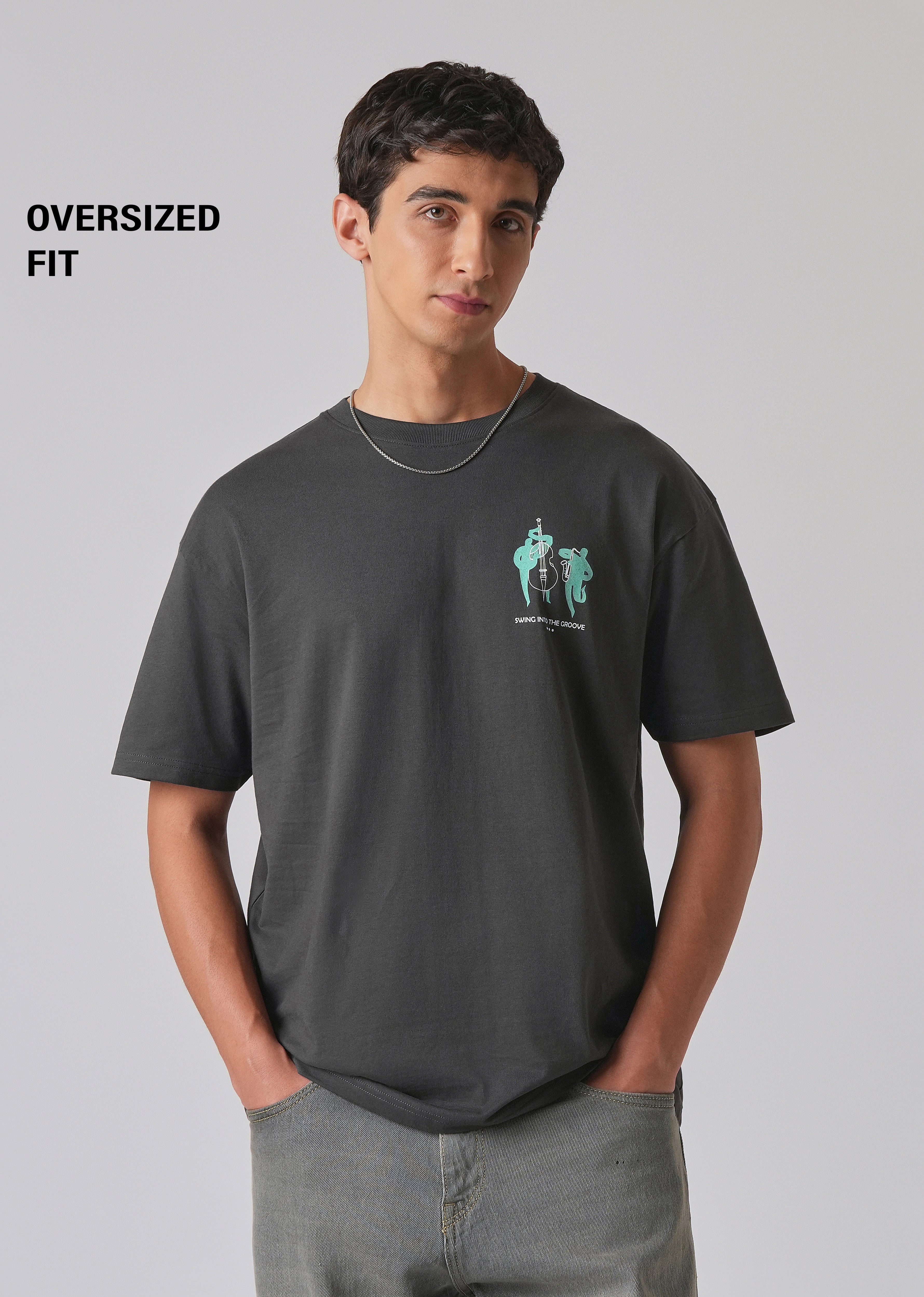 Grey Back Graphic Printed Oversized T-shirt