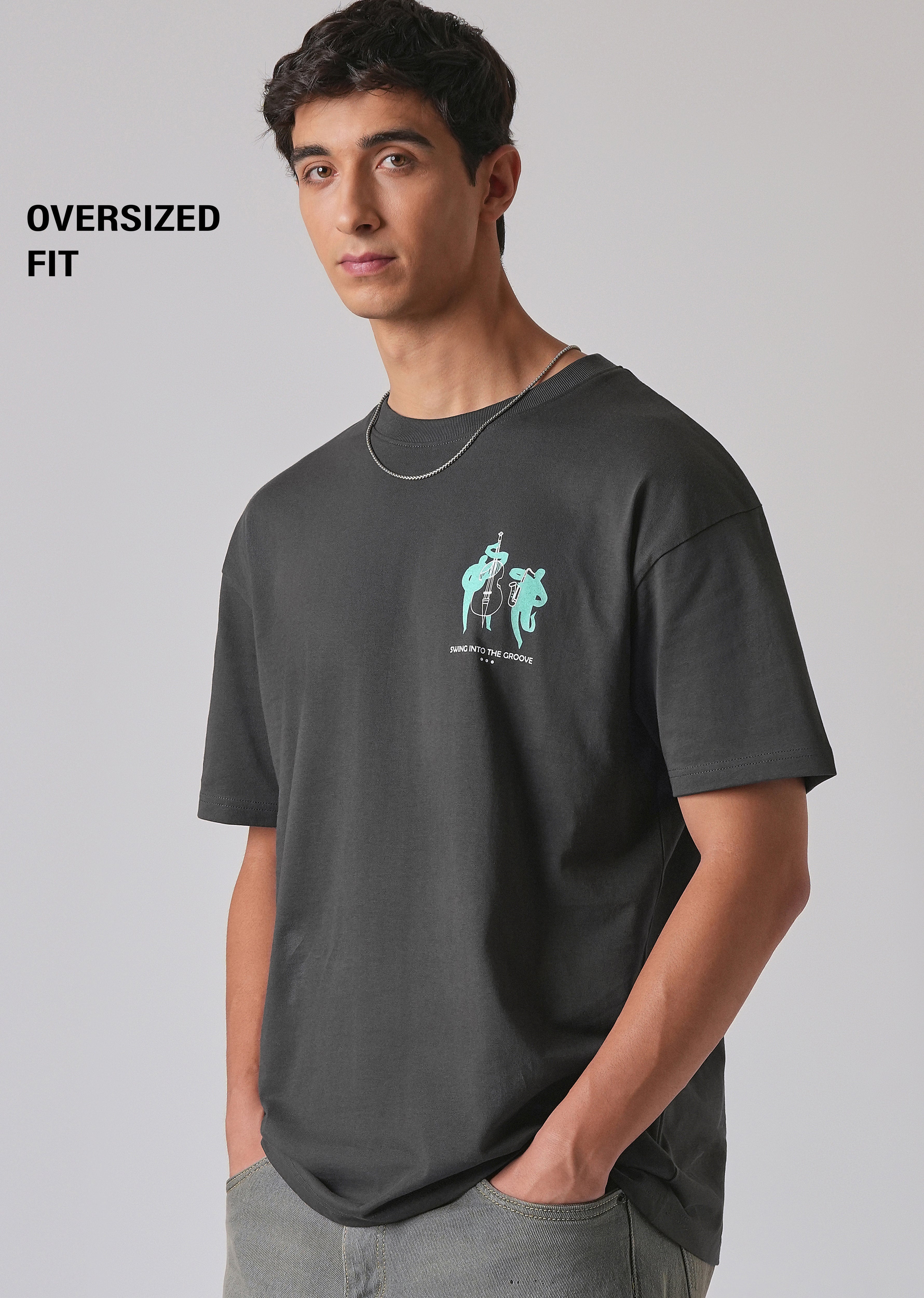 Grey Back Graphic Printed Oversized T-shirt
