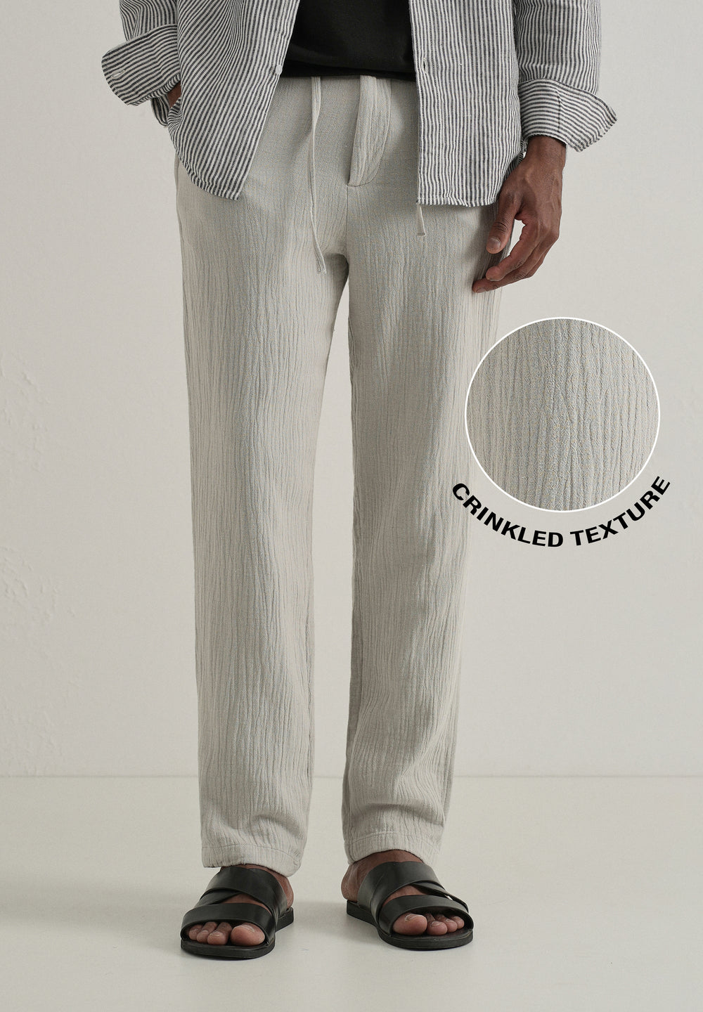 Grey Crinkled Cotton Trouser