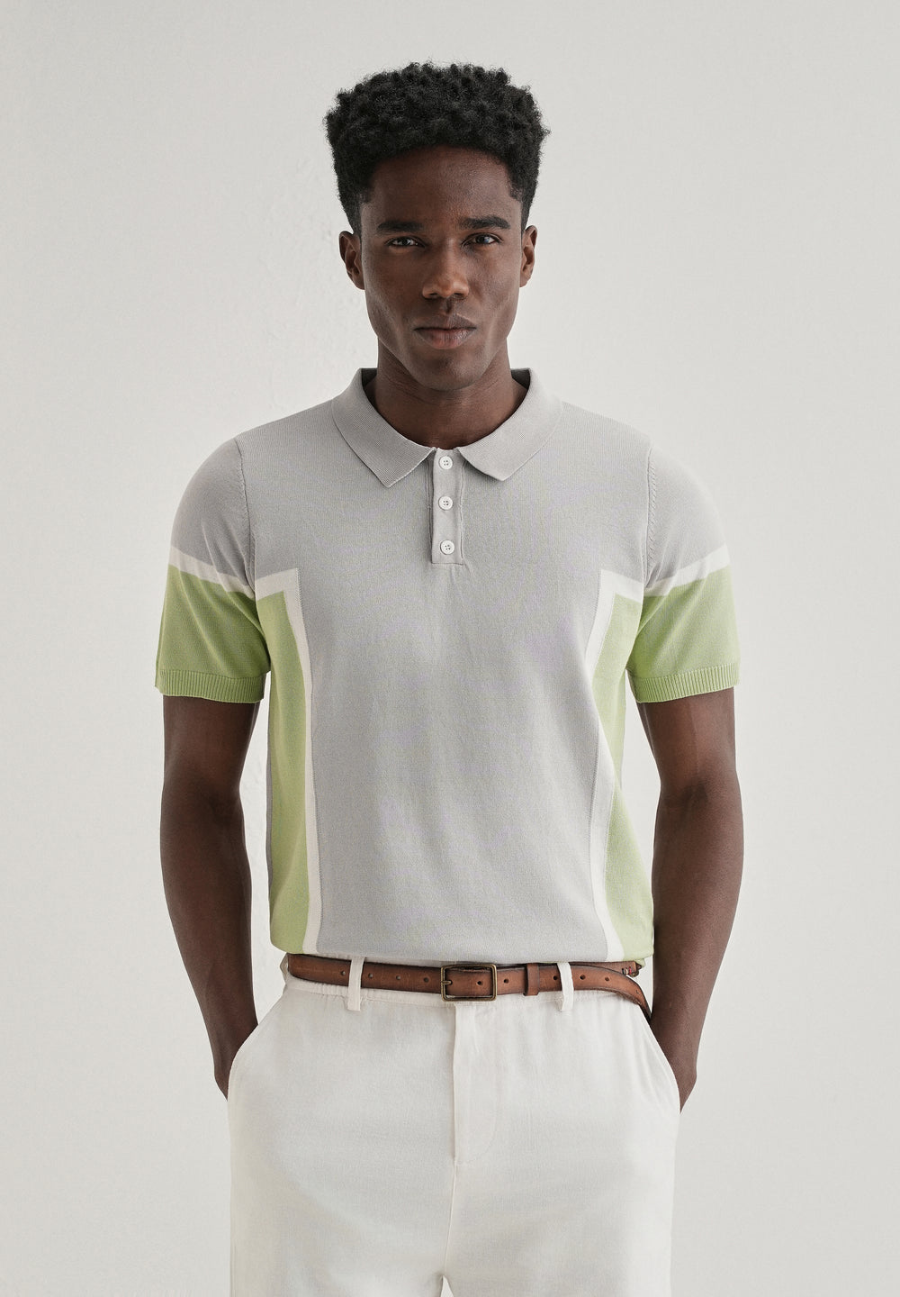 Grey Green Colourblock Polo T-shirt